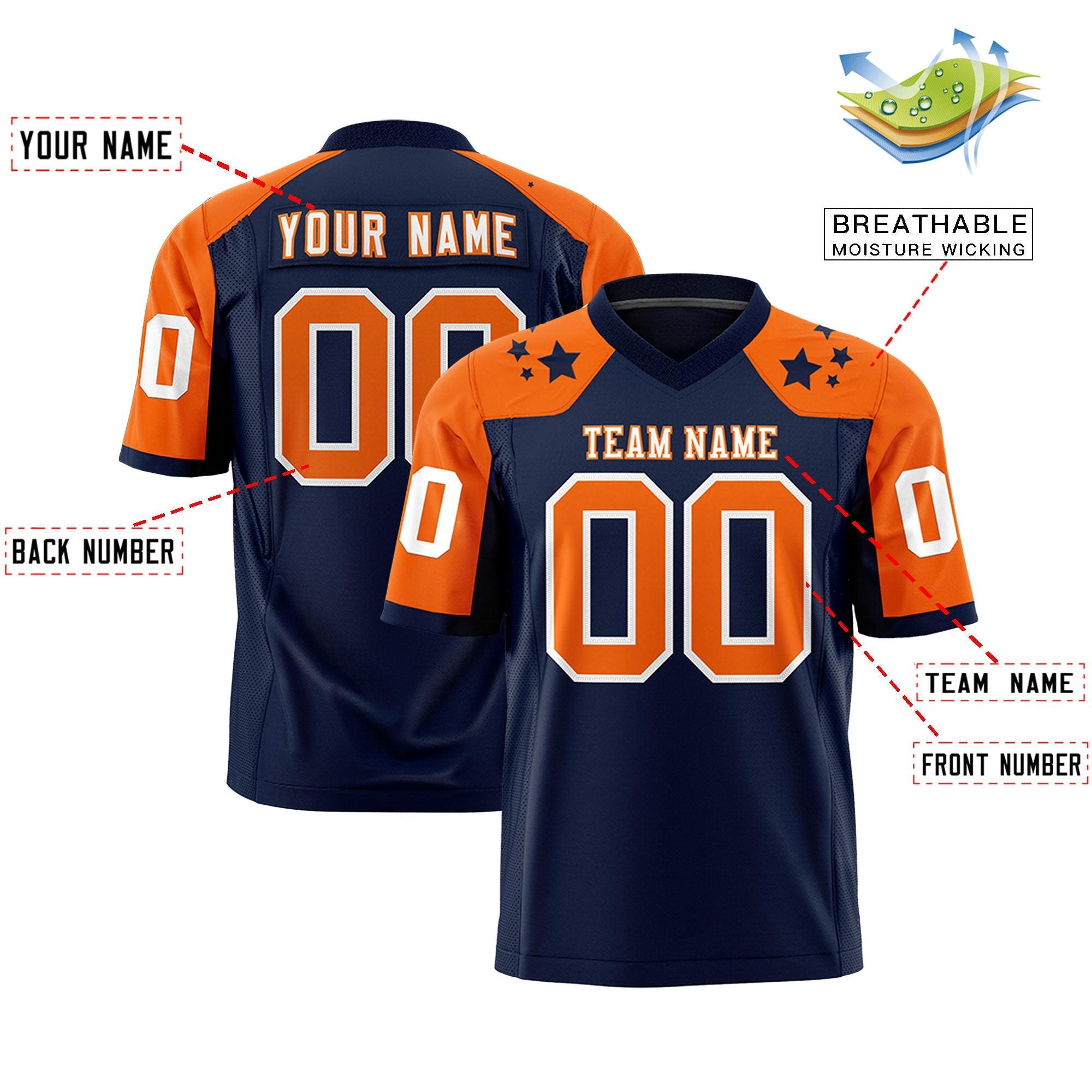 Maillot de football américain personnalisé bleu marine orange avec motif étoile sur les épaules