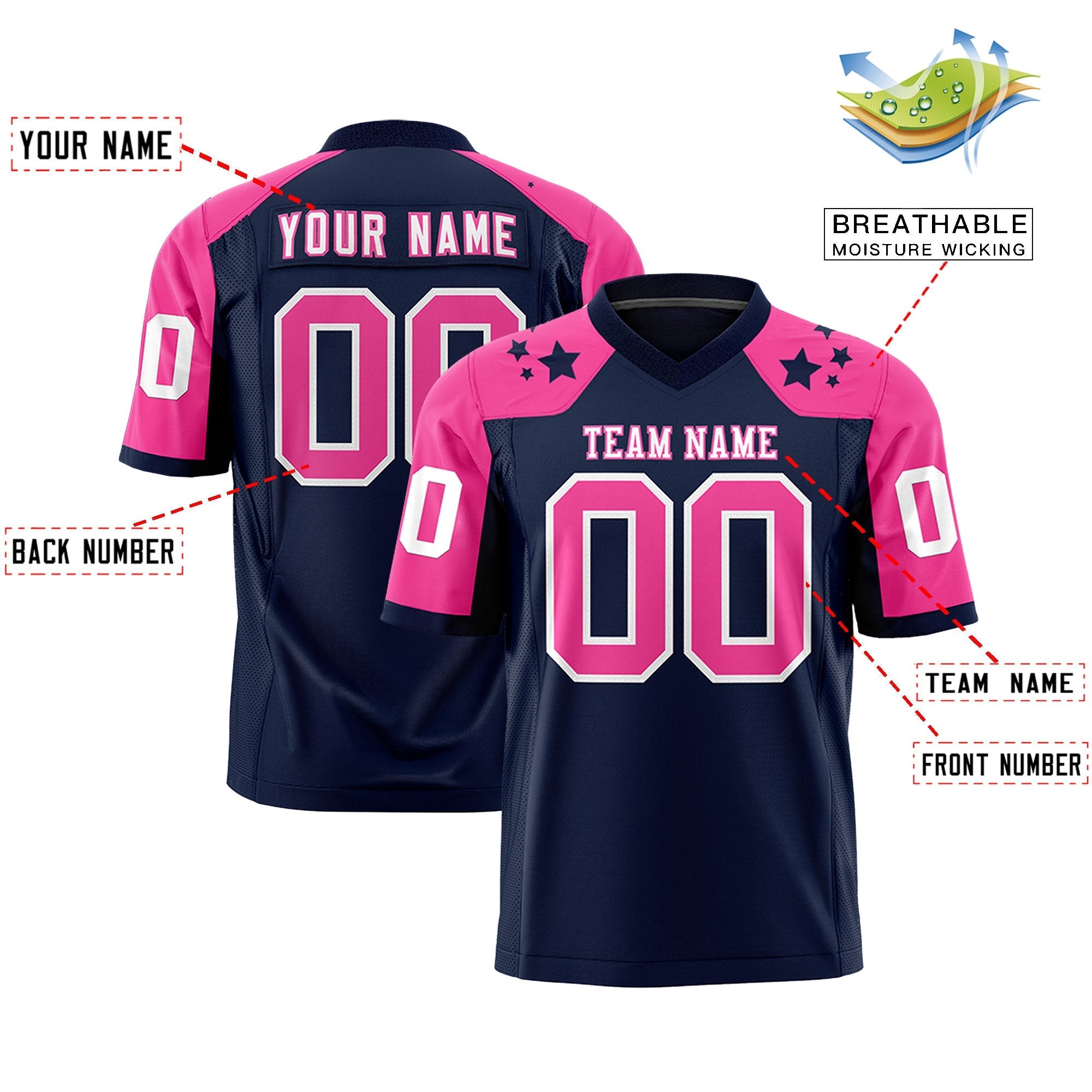 Benutzerdefinierte Navy Pink Personalisierte Schulter Stern Muster American Football Trikot