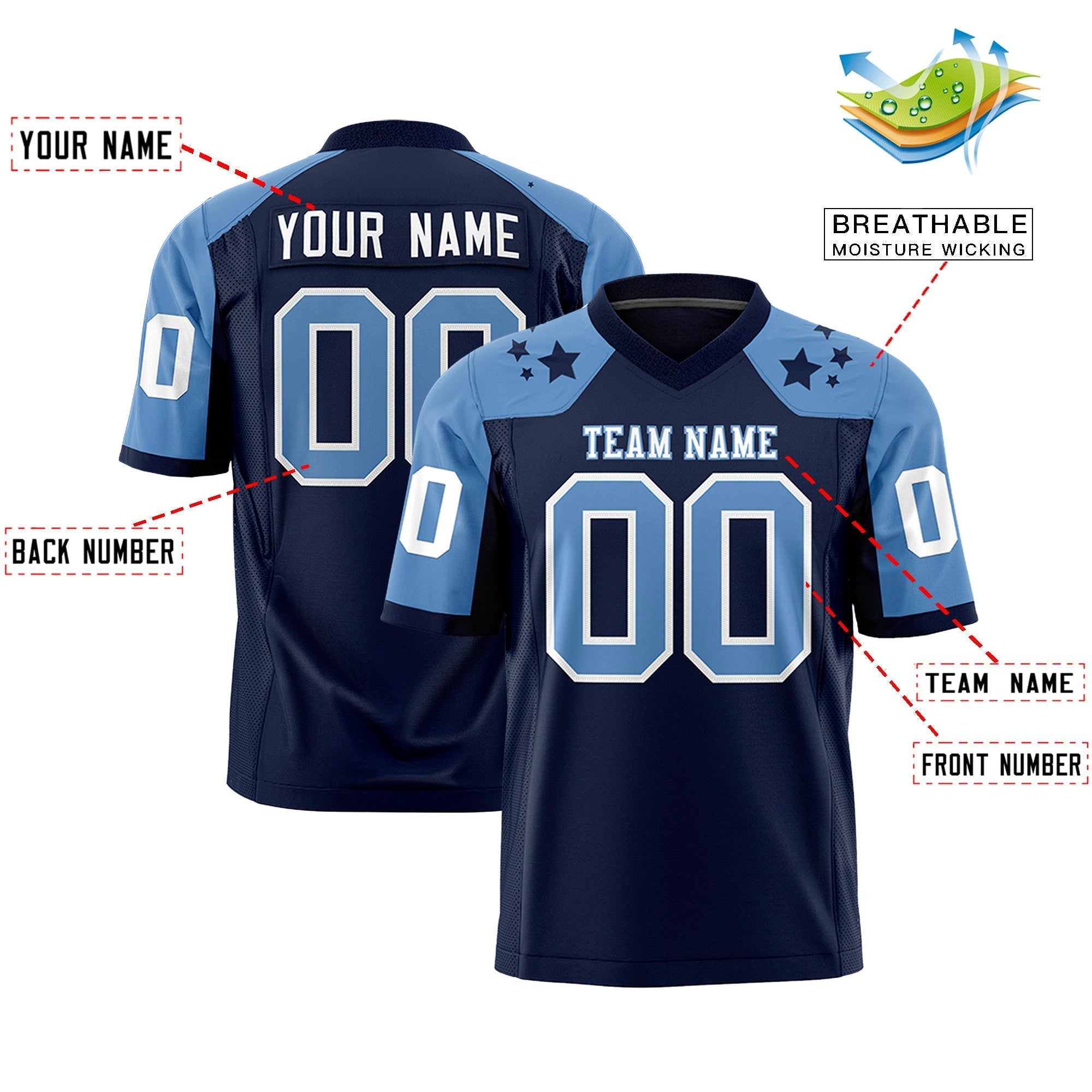 Maillot de football américain personnalisé bleu marine clair avec motif étoile sur les épaules