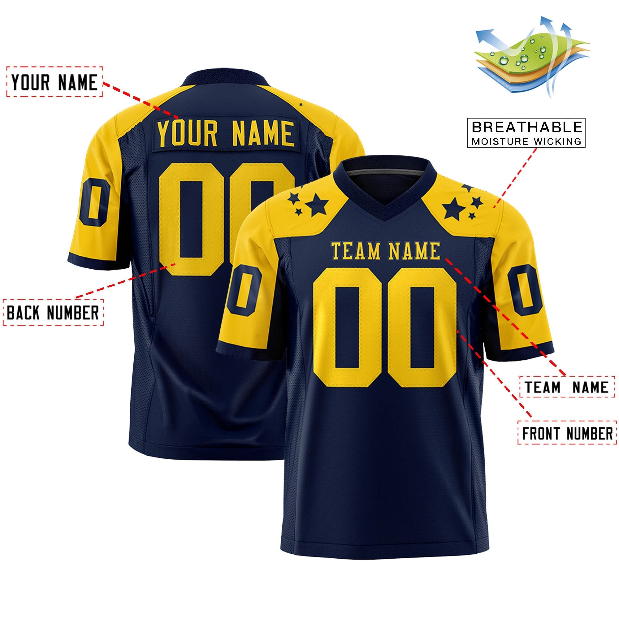 Benutzerdefinierte Navy Gold Personalisierte Schulter Stern Muster American Football Trikot