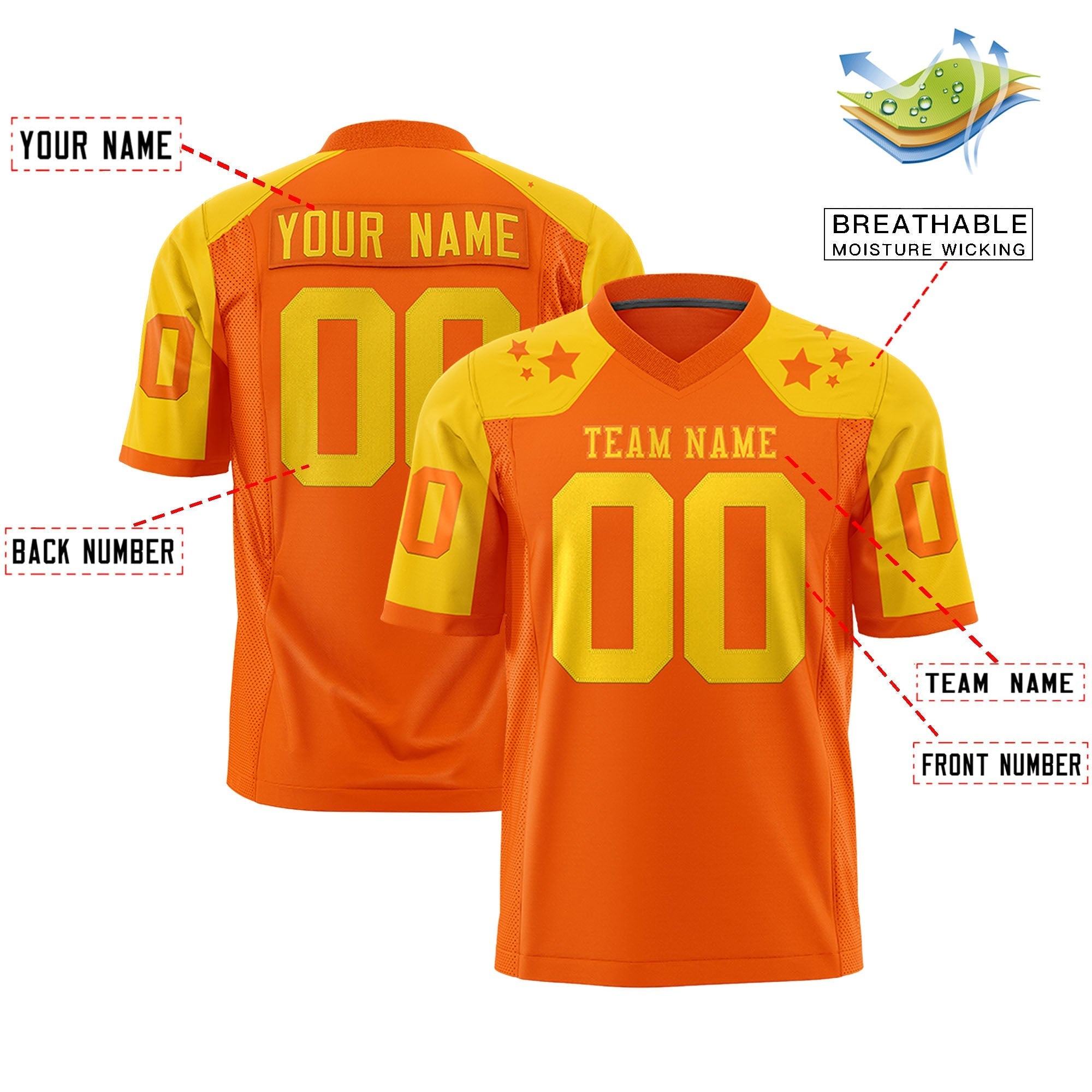 Benutzerdefinierte Orange Gold Personalisierte Schulter Stern Muster American Football Jersey