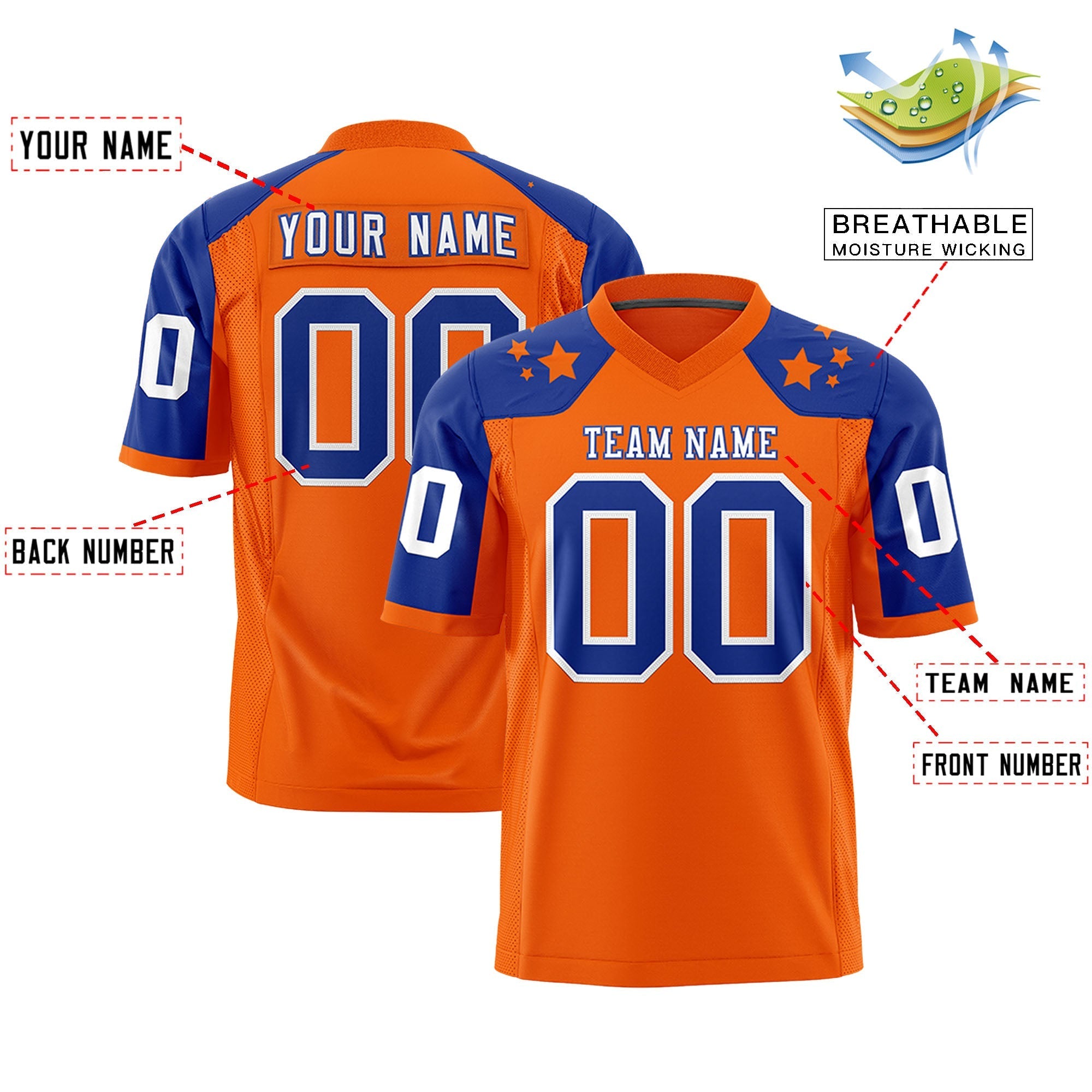 Benutzerdefinierte Orange Royal Personalisierte Schulter Stern Muster American Football Trikot