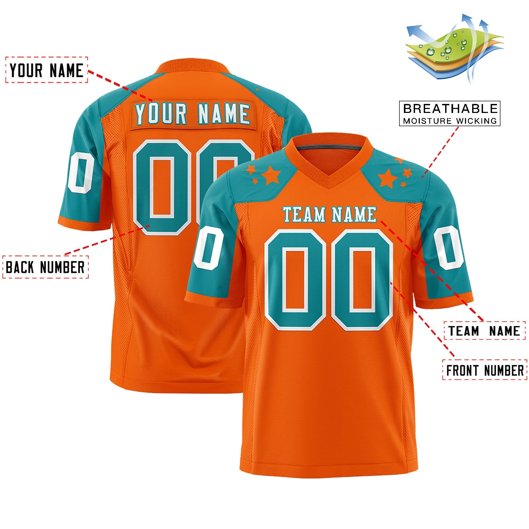 Benutzerdefinierte Orange Aqua Personalisierte Schulter Stern Muster American Football Jersey
