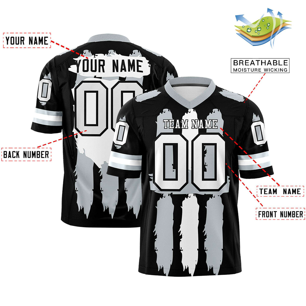 Custom Black Silver and White Graffiti Pattern Practice American Football Jerseys