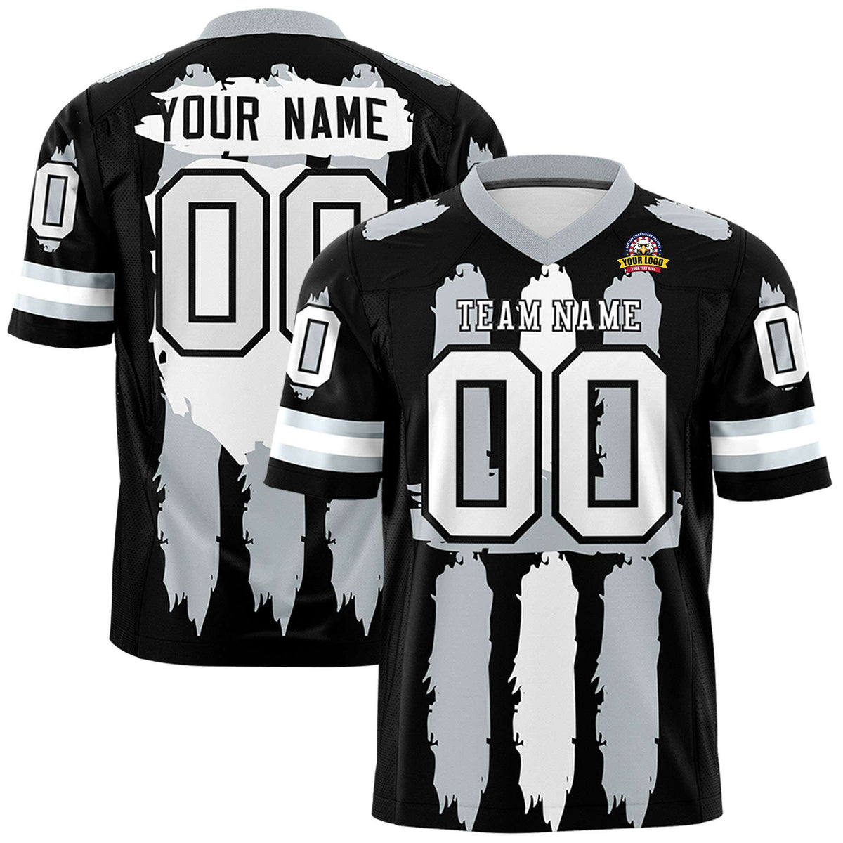 Custom Black Silver and White Graffiti Pattern Practice American Football Jerseys
