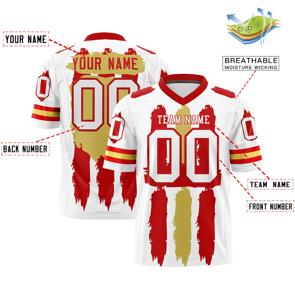 Custom White Red and Old Gold Graffiti Pattern Practice American Football Jerseys