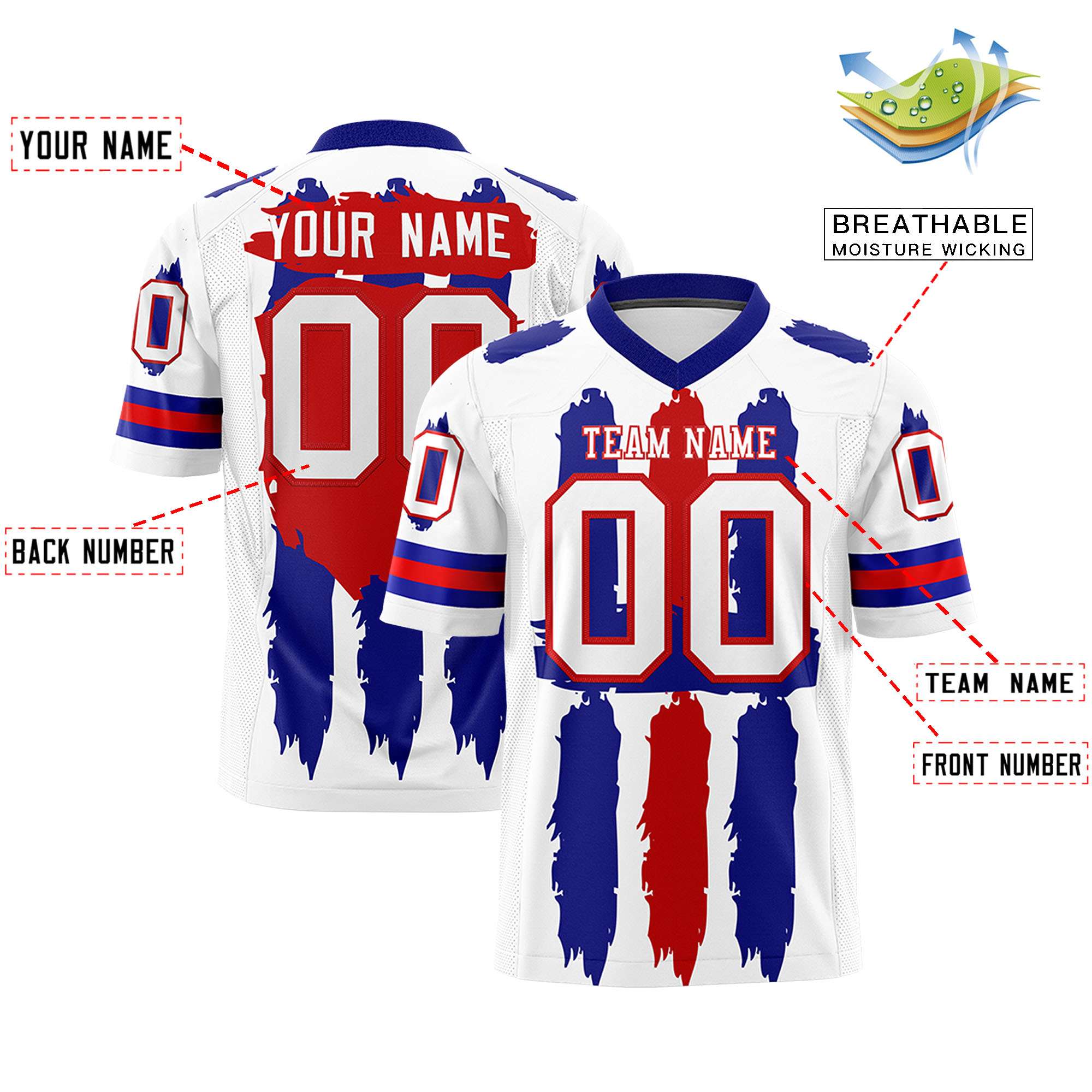 Custom White Royal and Red Graffiti Pattern Practice American Football Jerseys
