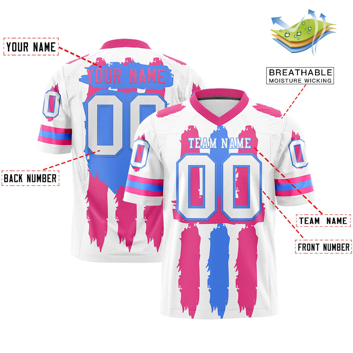 Custom White Pink and Powder Blue Graffiti Pattern Practice American Football Jerseys