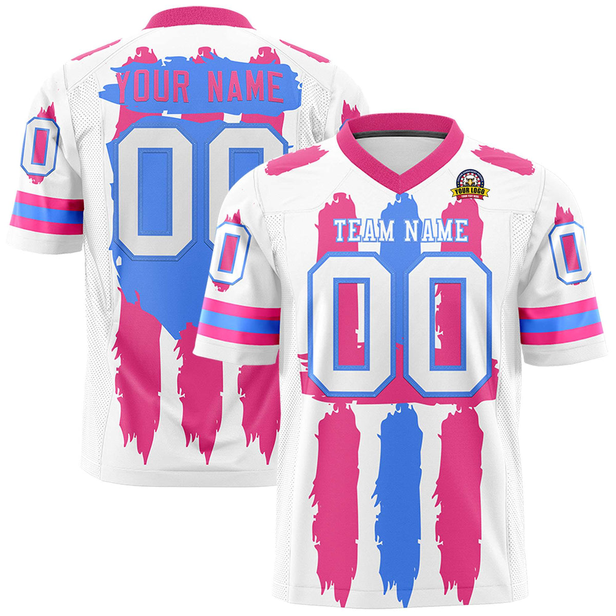 Custom White Pink and Powder Blue Graffiti Pattern Practice American Football Jerseys