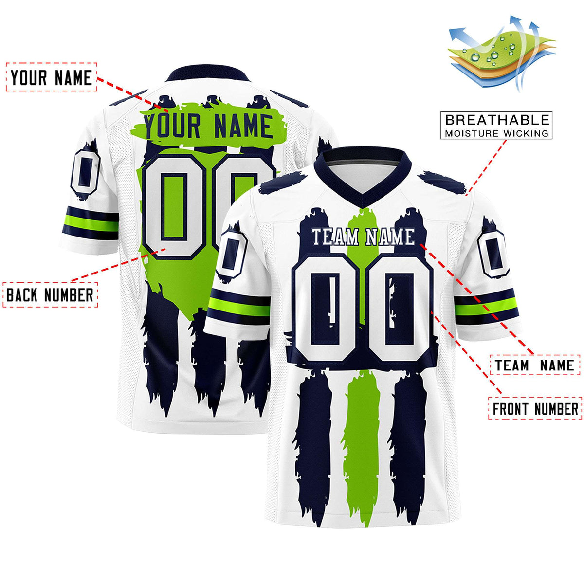 Custom White Navy and Neon Green Graffiti Pattern Practice American Football Jerseys