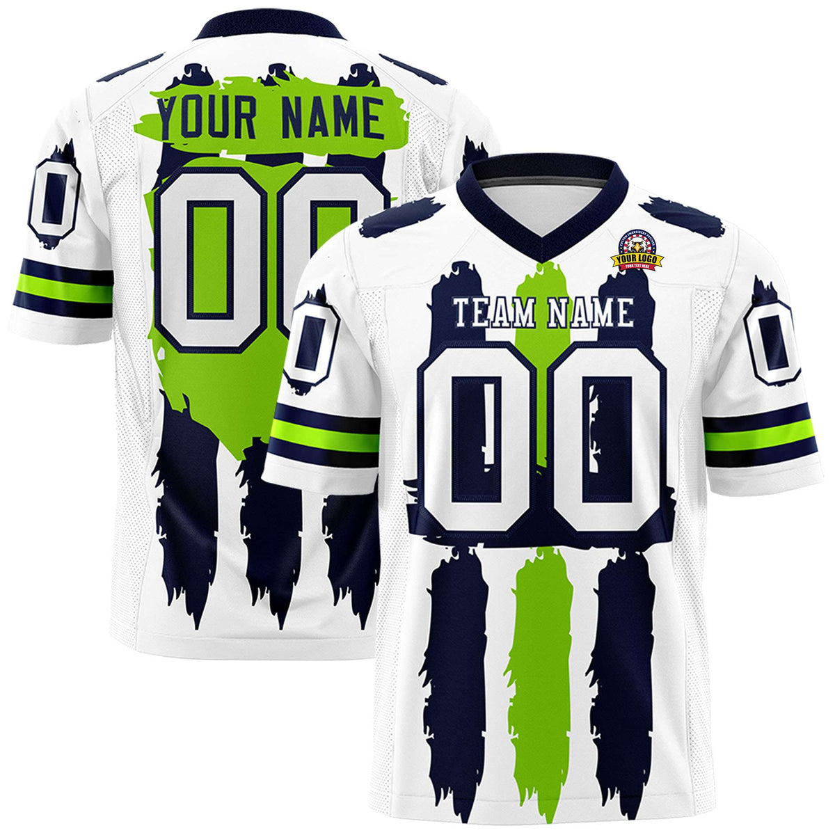 Custom White Navy and Neon Green Graffiti Pattern Practice American Football Jerseys