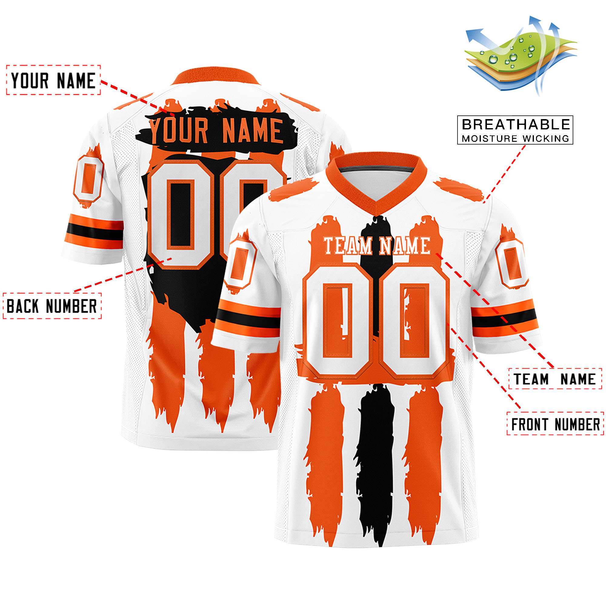 Custom White Orange and Black Graffiti Pattern Practice American Football Jerseys