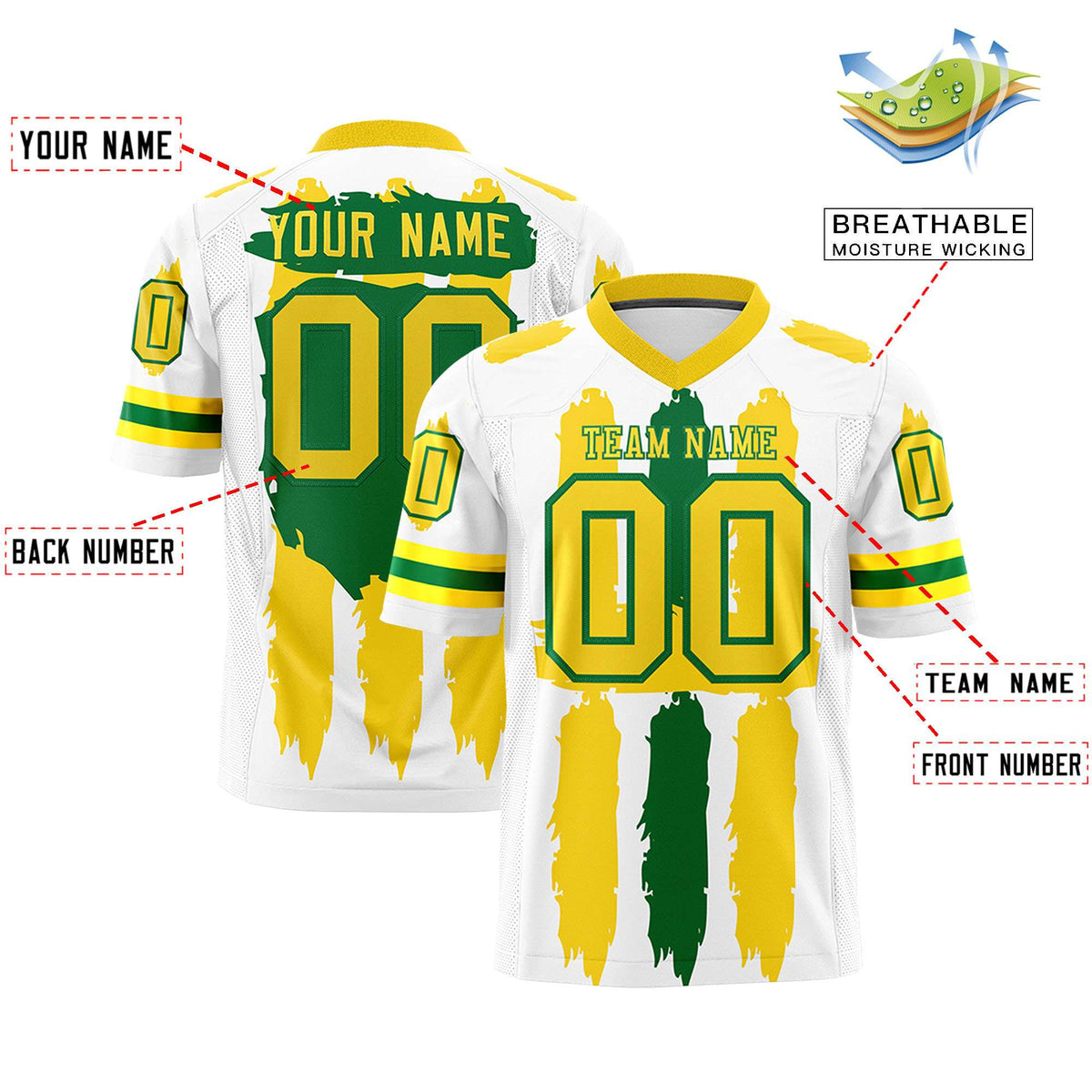 Custom White Gold and Kelly Green Graffiti Pattern Practice American Football Jerseys