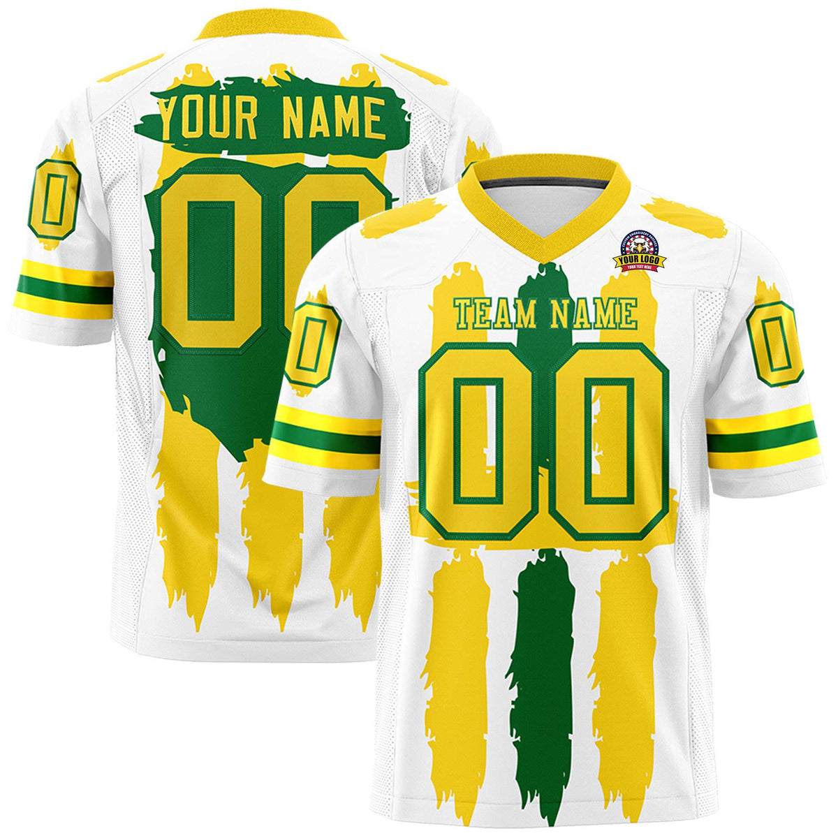 Custom White Gold and Kelly Green Graffiti Pattern Practice American Football Jerseys
