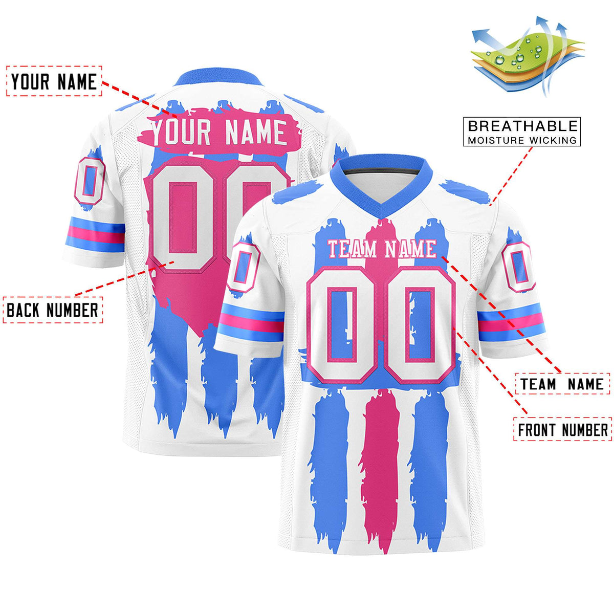 Custom White Powder Blue and Pink Graffiti Pattern Practice American Football Jerseys