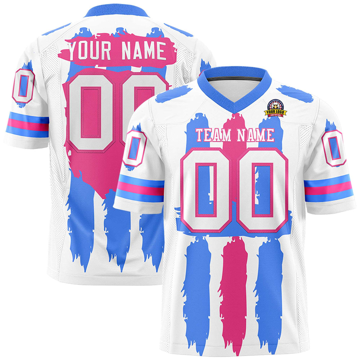 Custom White Powder Blue and Pink Graffiti Pattern Practice American Football Jerseys