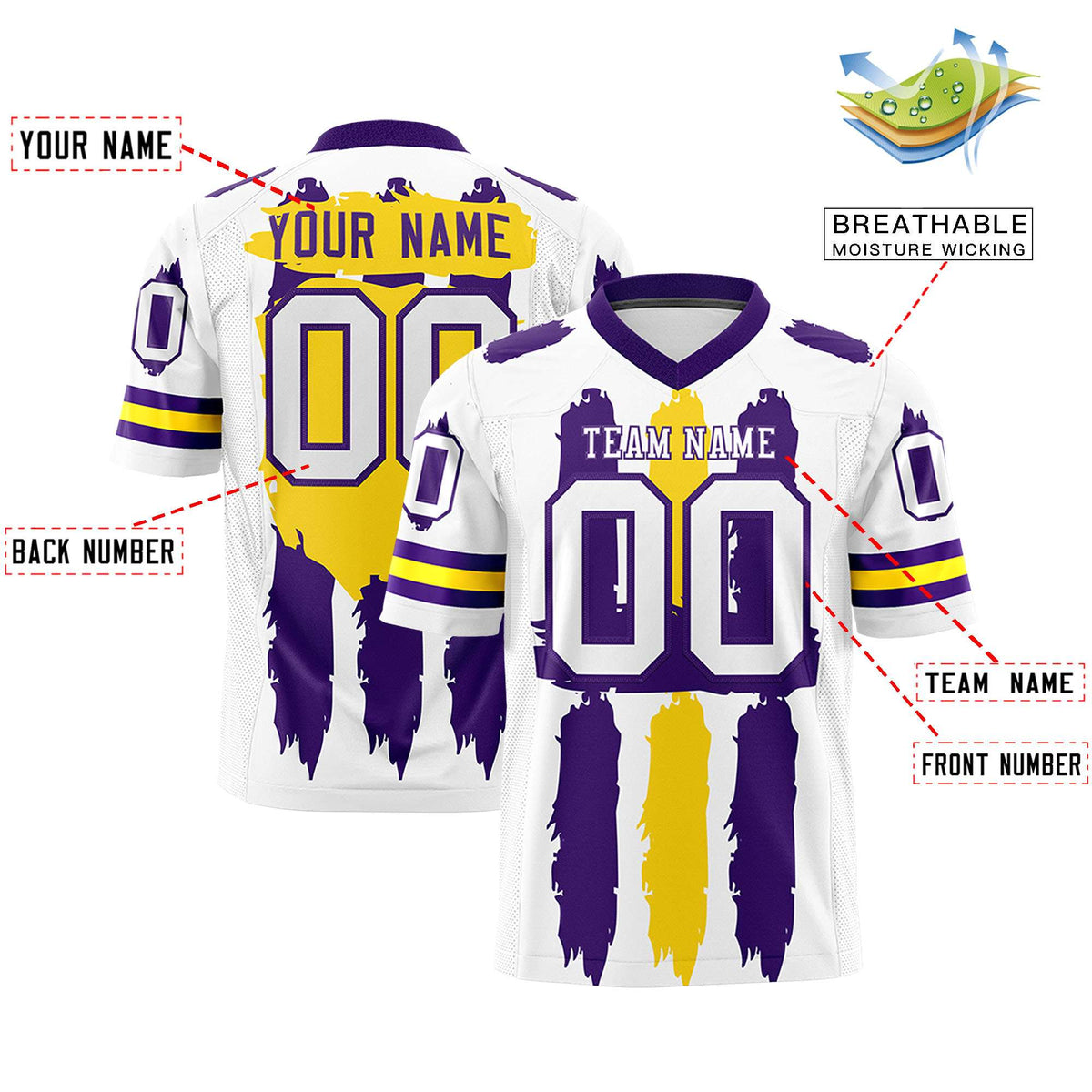 Custom White Purple and Gold Graffiti Pattern Practice American Football Jerseys