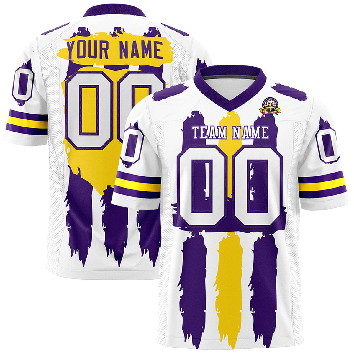 Custom White Purple and Gold Graffiti Pattern Practice American Football Jerseys