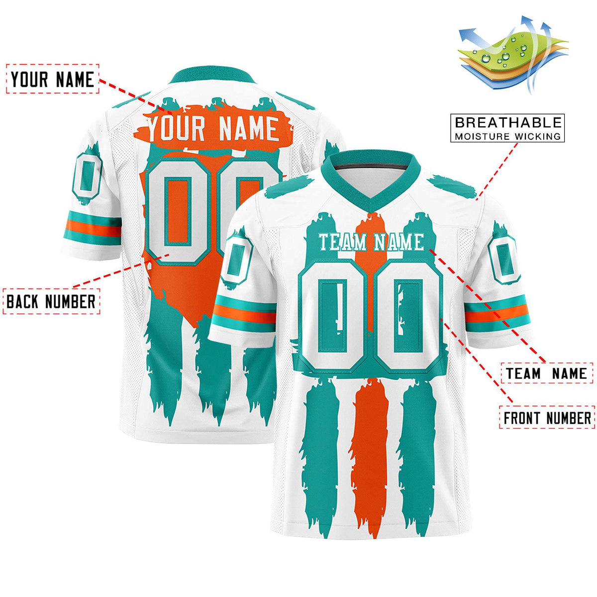 Custom White Aqua and Orange Graffiti Pattern Practice American Football Jerseys