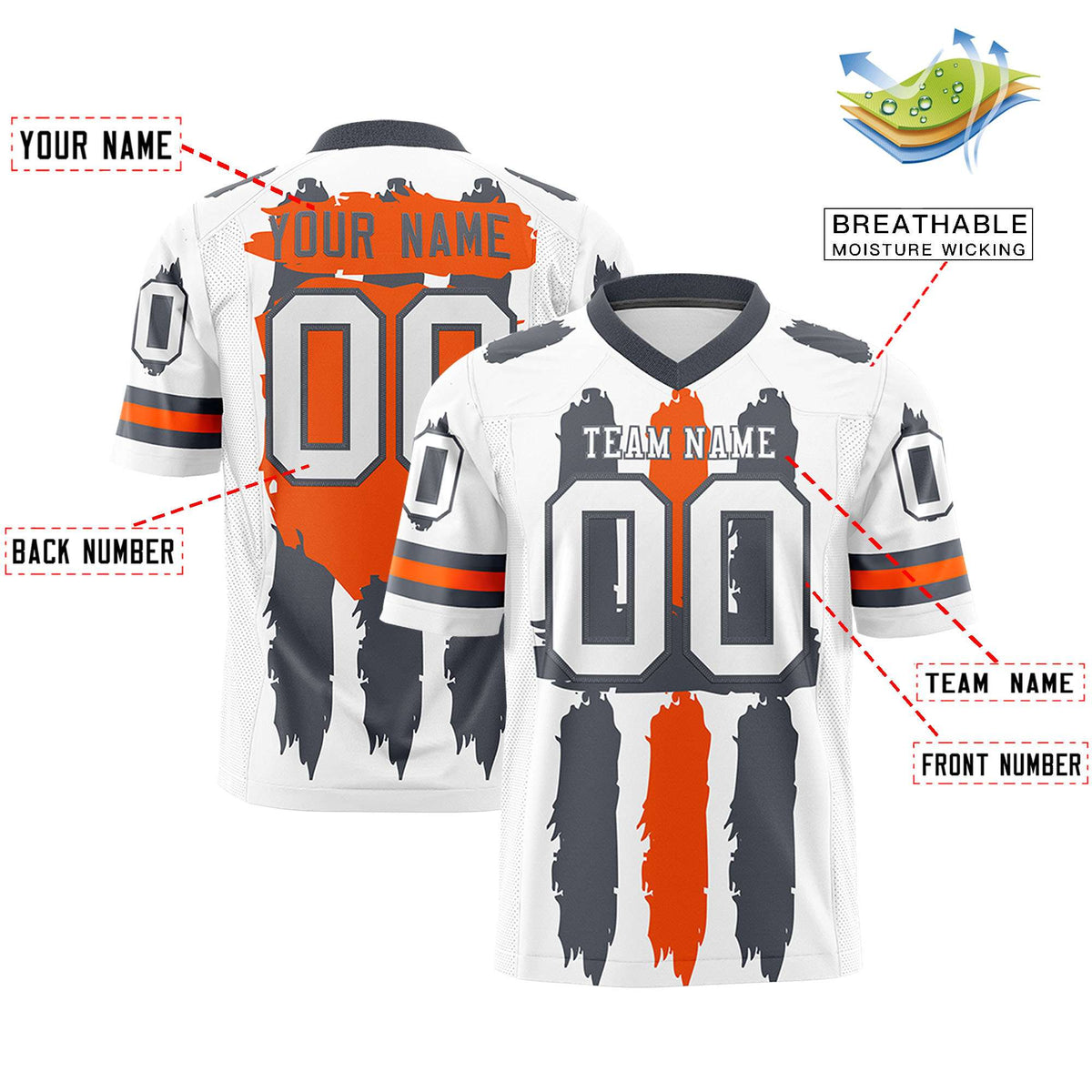 Custom White Dark Gray and Orange Graffiti Pattern Practice American Football Jerseys