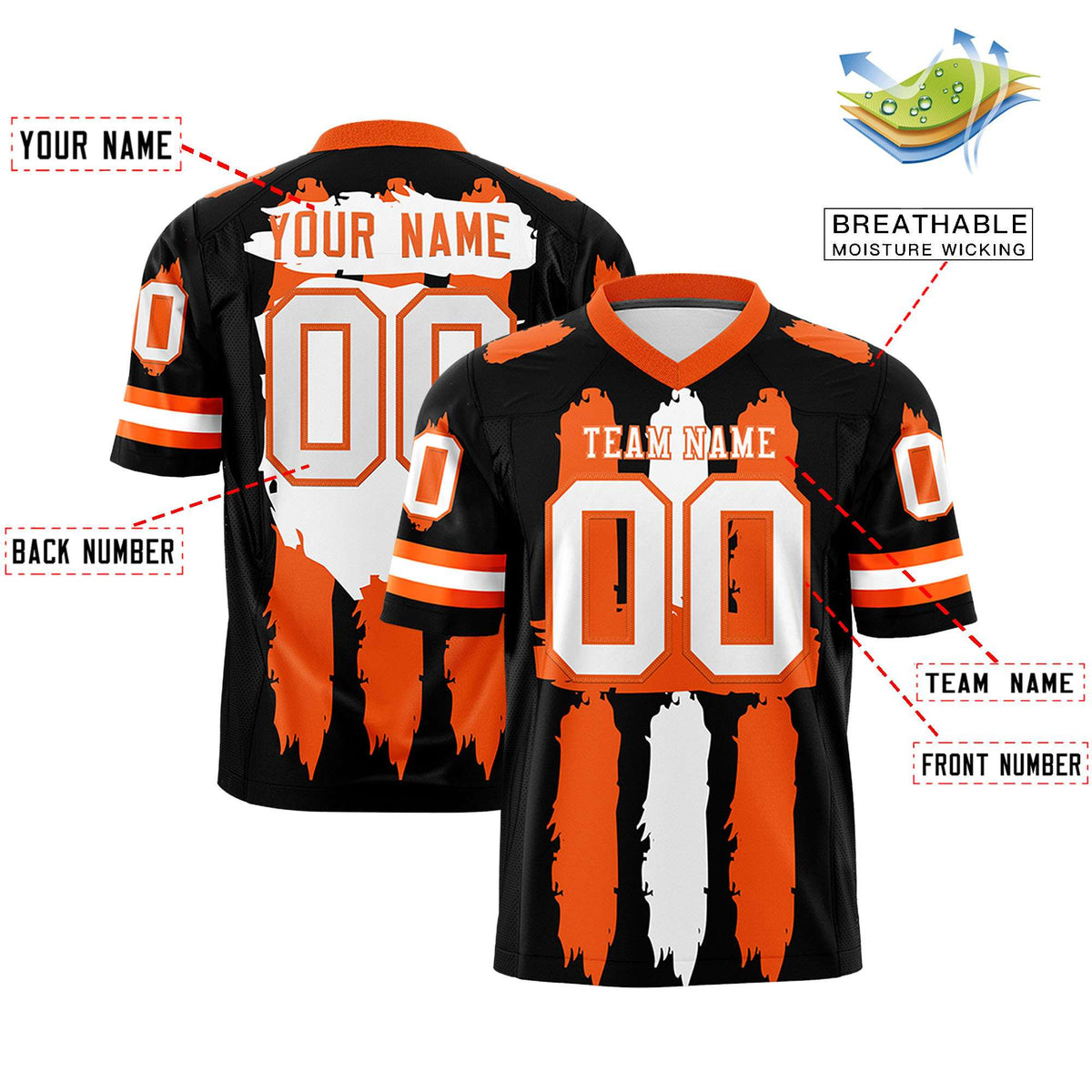 Custom Black Orange and White Graffiti Pattern Practice American Football Jerseys