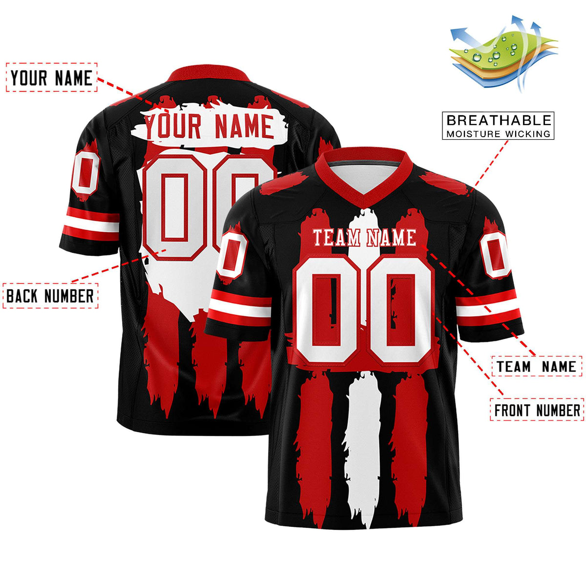 Custom Black Red and White Graffiti Pattern Practice American Football Jerseys