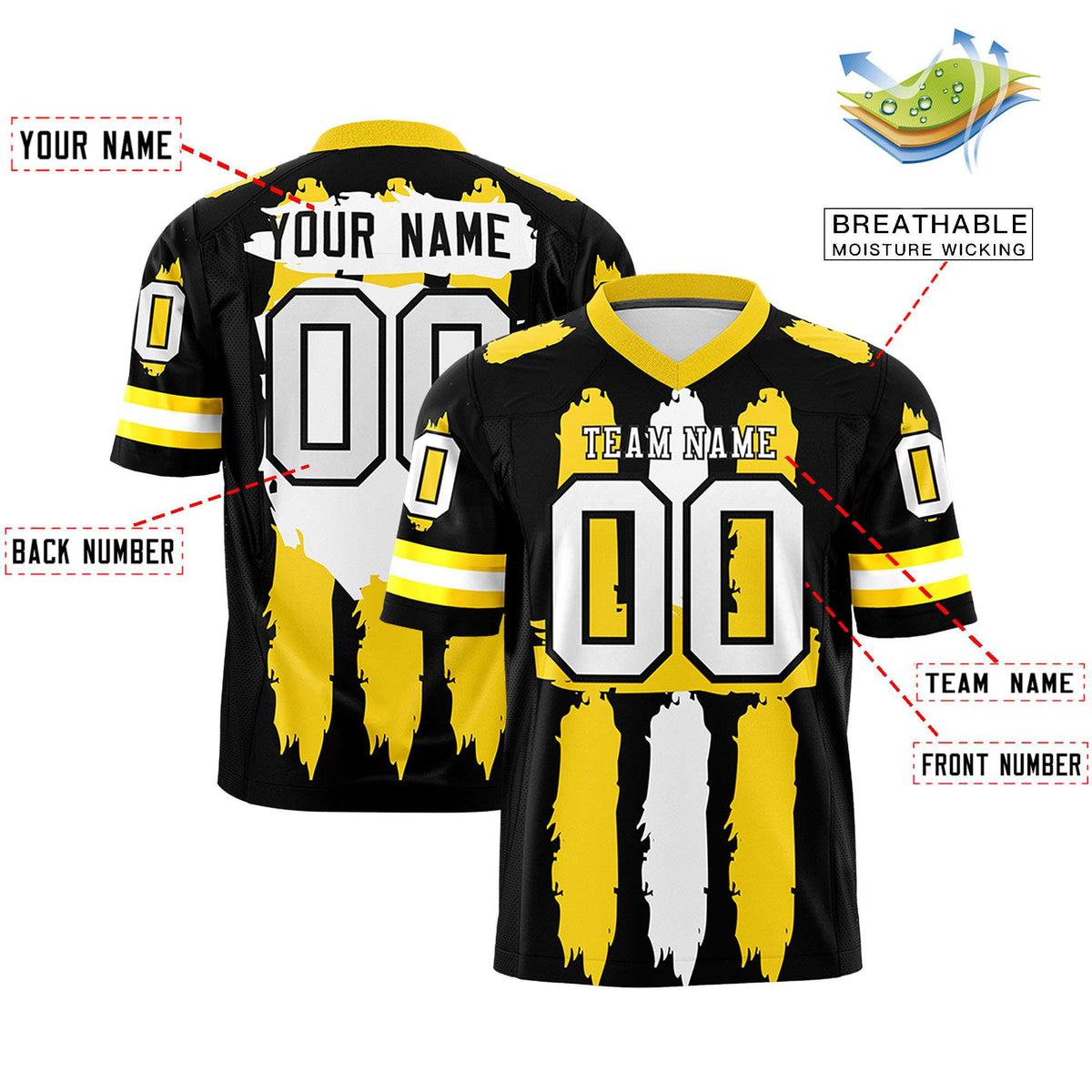 Custom Black Gold and White Graffiti Pattern Practice American Football Jerseys