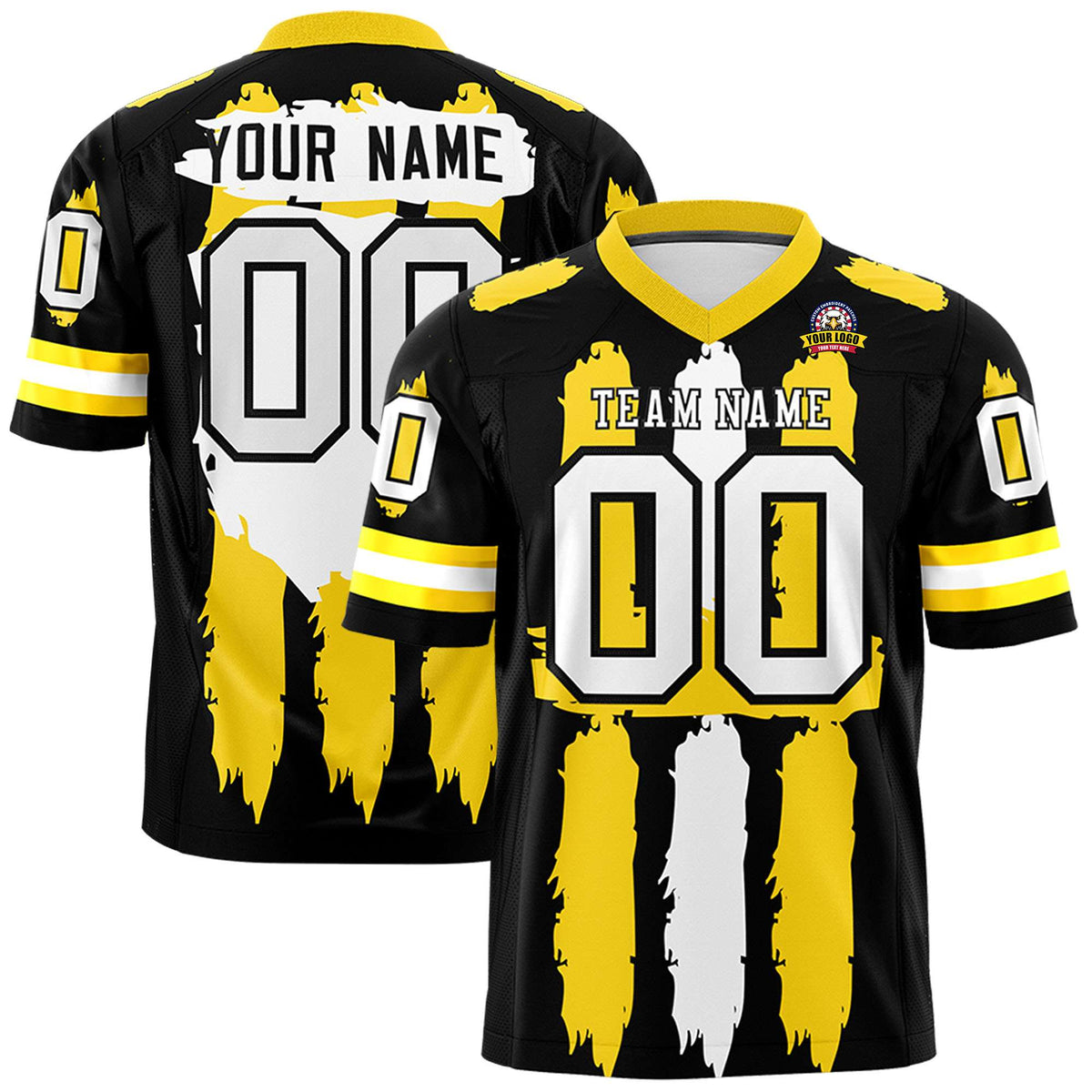 Custom Black Gold and White Graffiti Pattern Practice American Football Jerseys