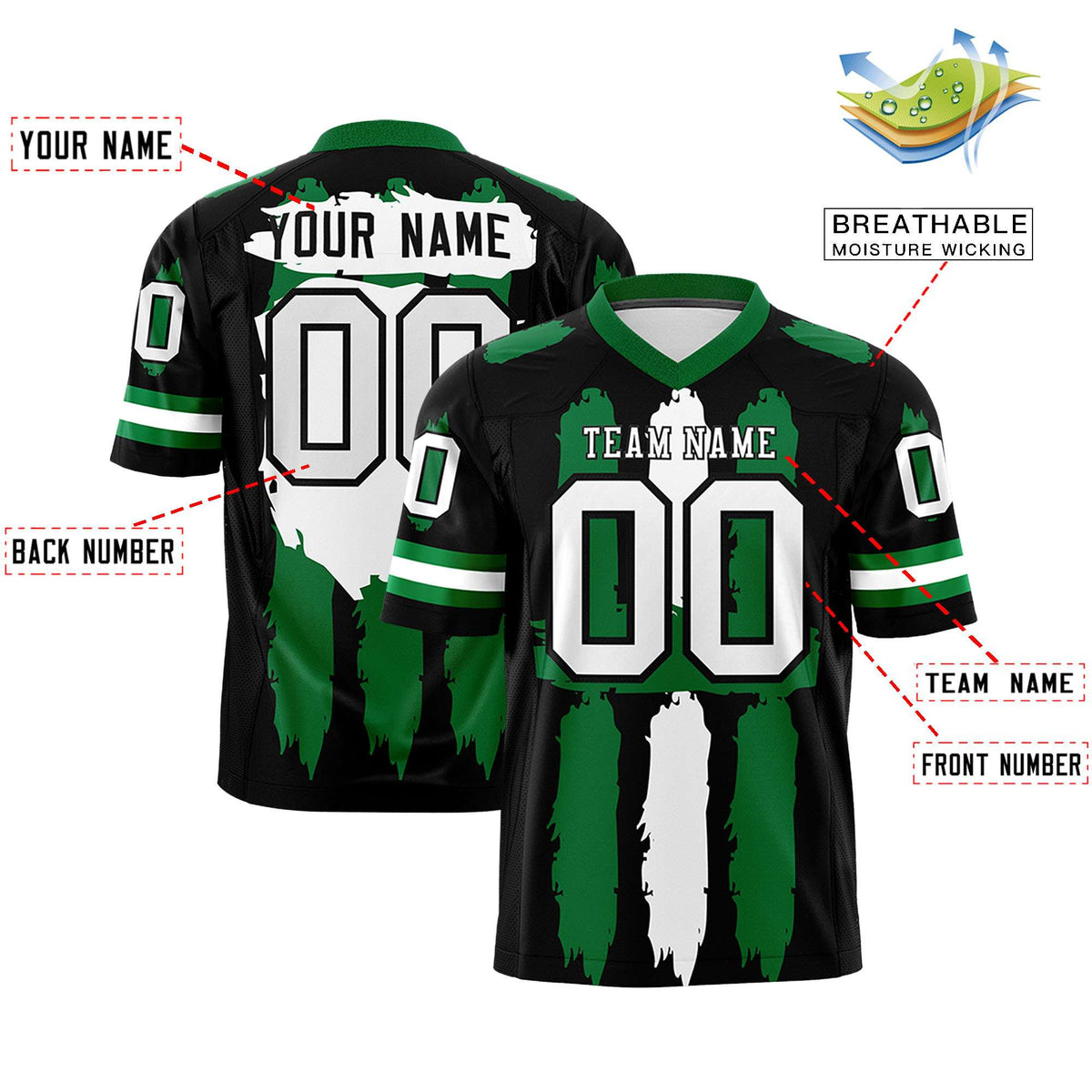 Custom Black Kelly Green and White Graffiti Pattern Practice American Football Jerseys