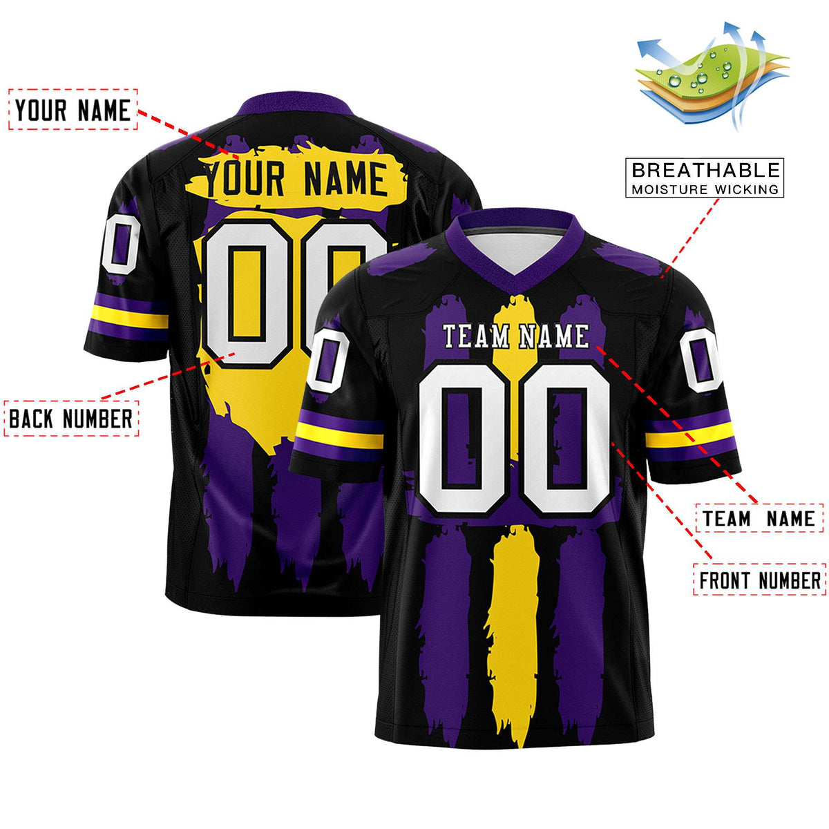 Custom Black Purple and Gold Graffiti Pattern Practice American Football Jerseys