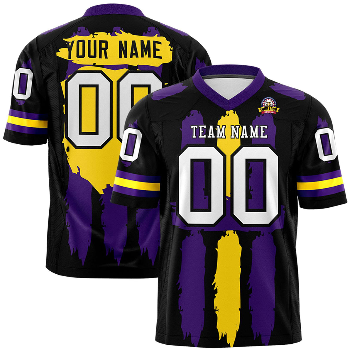 Custom Black Purple and Gold Graffiti Pattern Practice American Football Jerseys