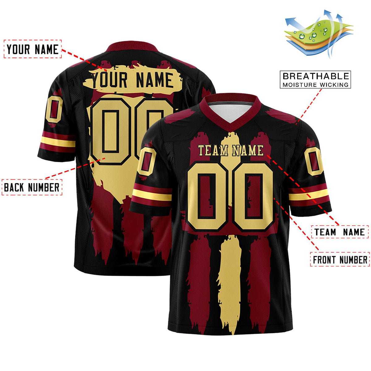 Custom Black Crimson and Khaki Graffiti Pattern Practice American Football Jerseys