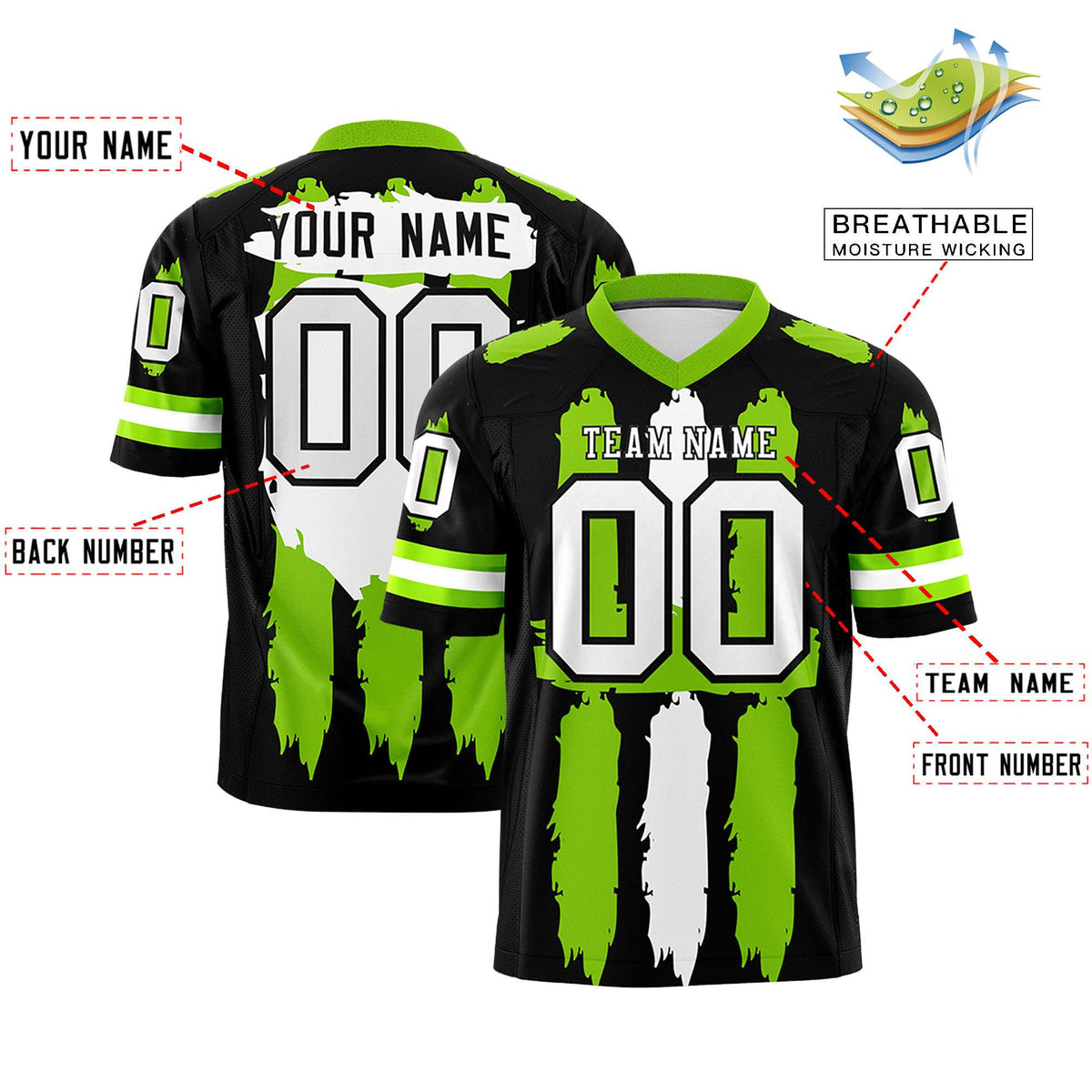 Custom Black Neon Green and White Graffiti Pattern Practice American Football Jerseys