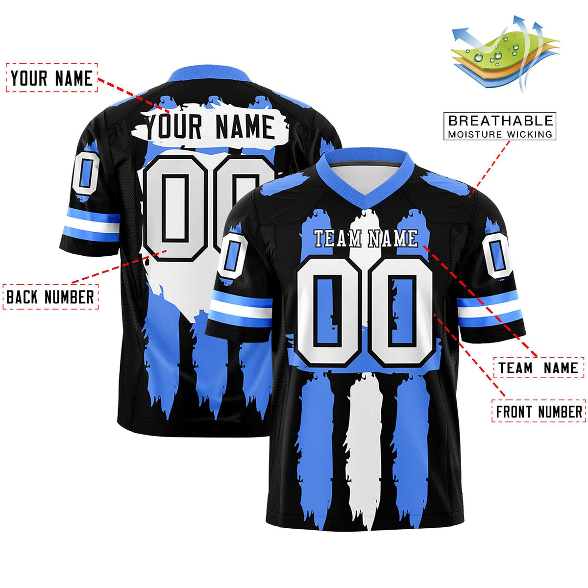 Custom Black Powder Blue and White Graffiti Pattern Practice American Football Jerseys