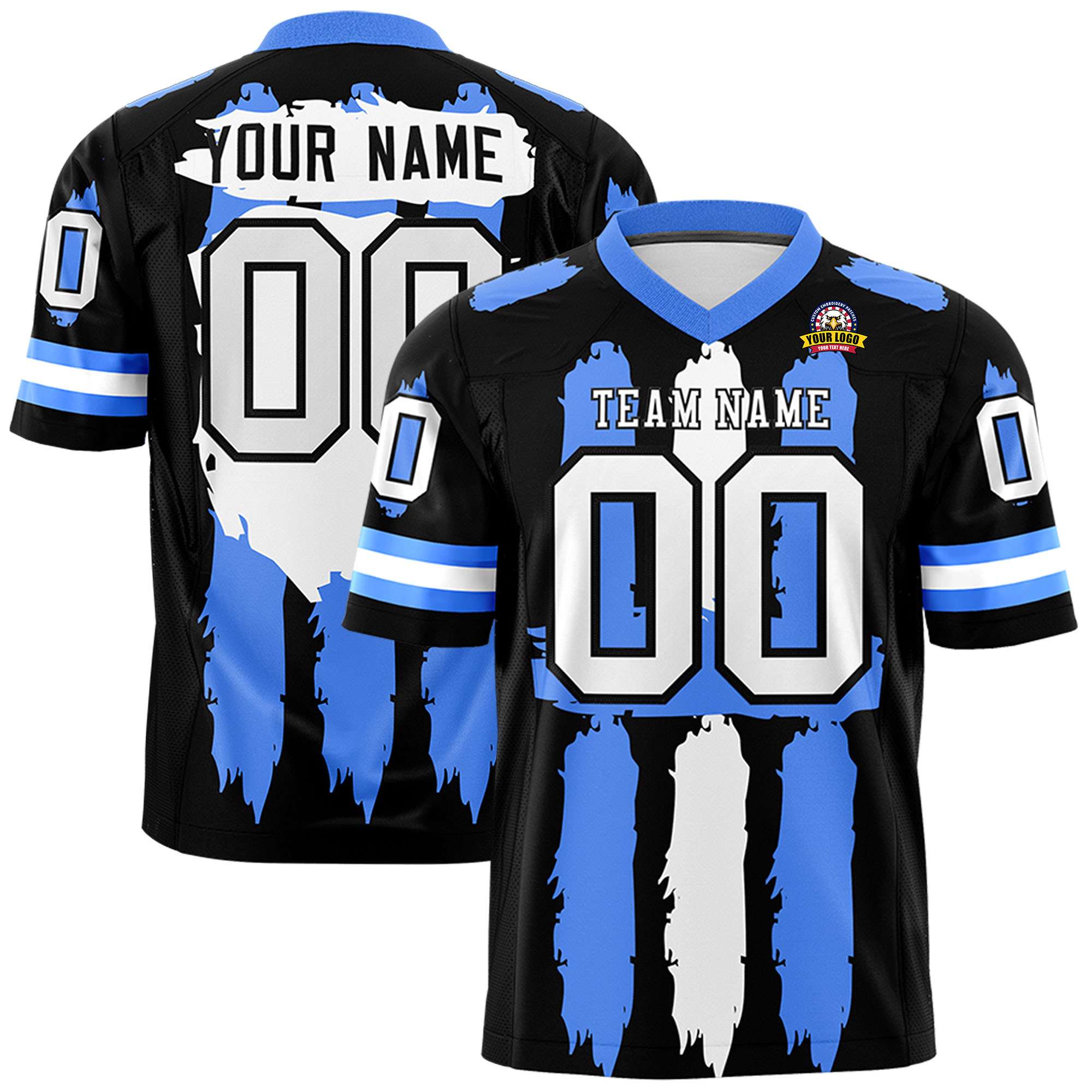 Custom Black Powder Blue and White Graffiti Pattern Practice American Football Jerseys