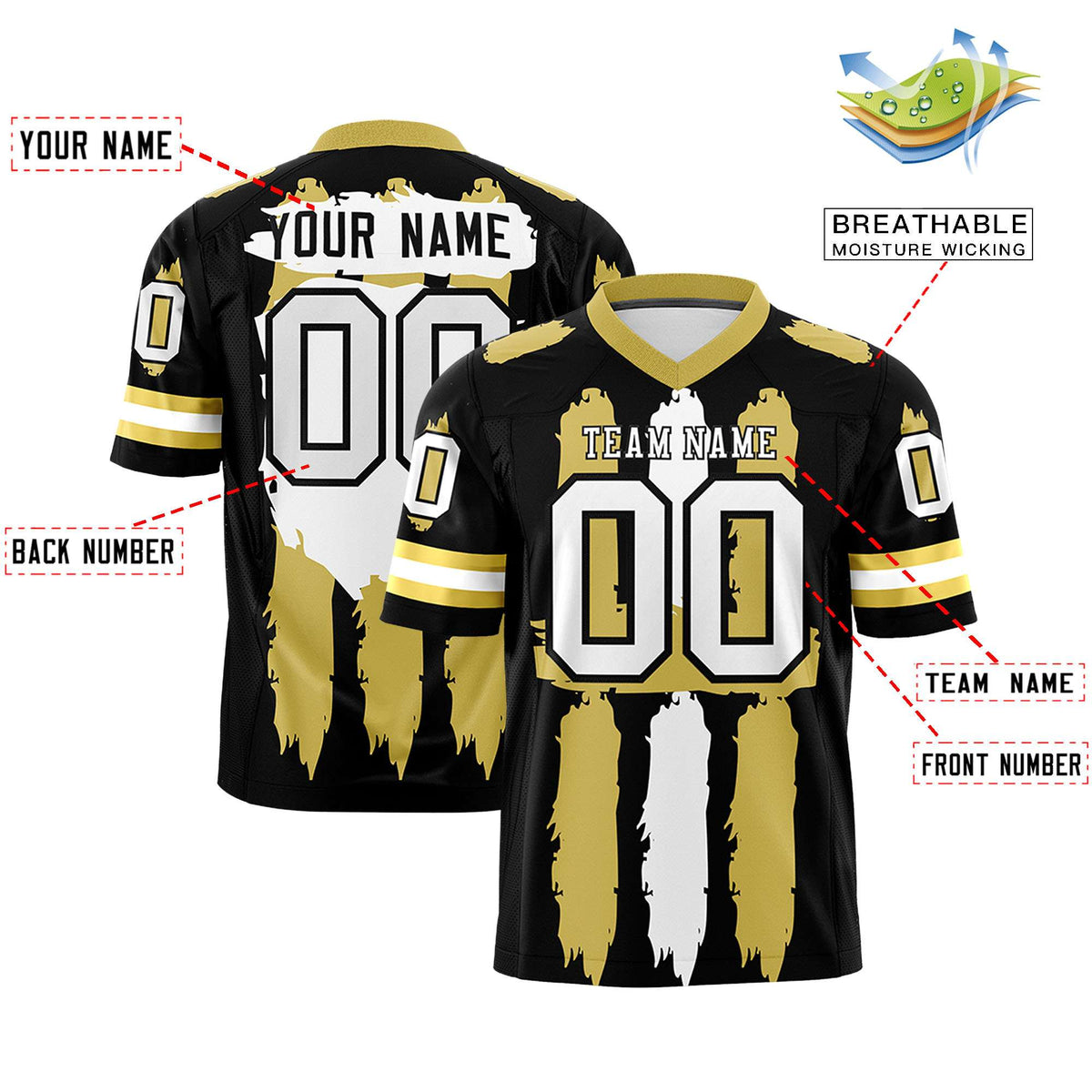 Custom Black Old Gold and White Graffiti Pattern Practice American Football Jerseys