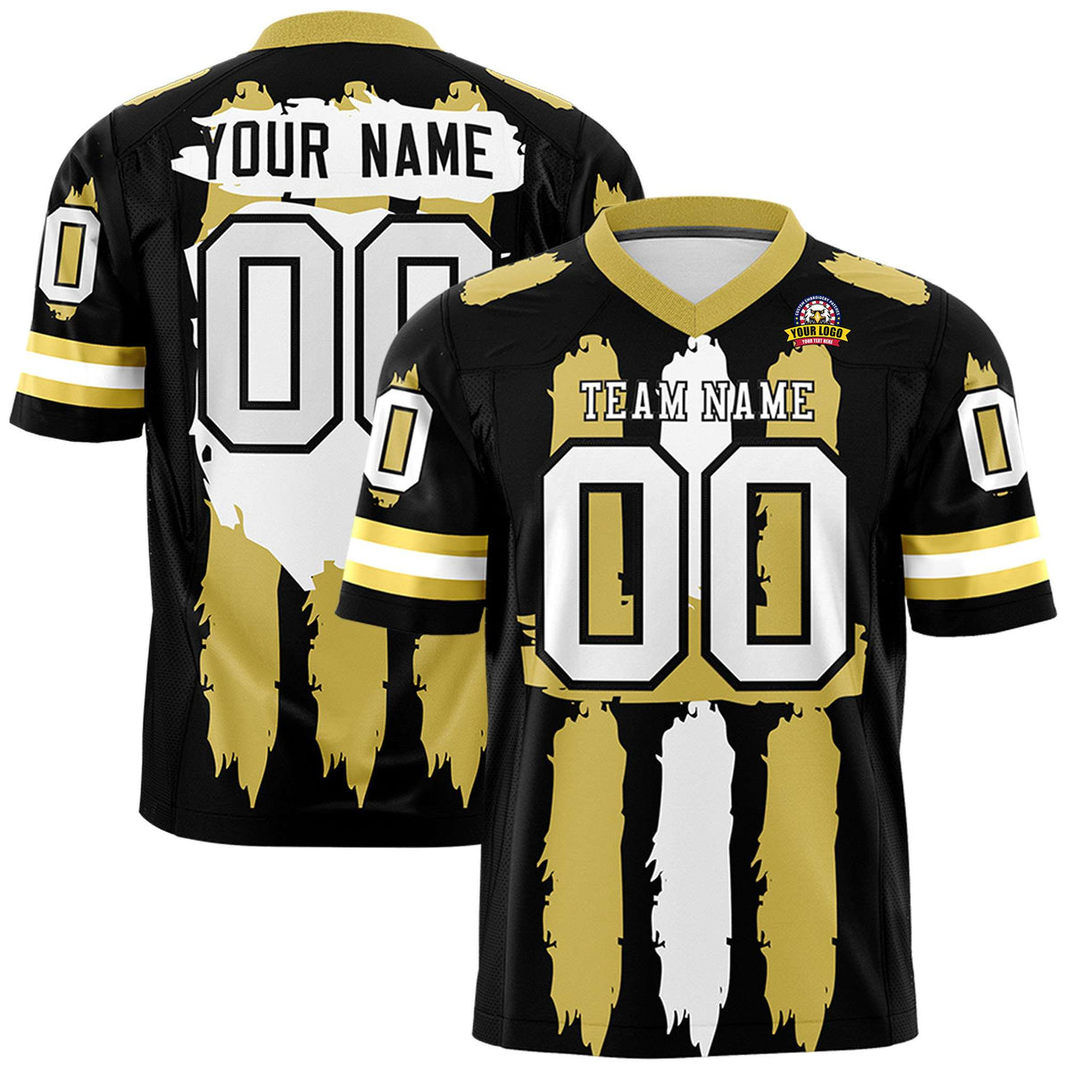 Custom Black Old Gold and White Graffiti Pattern Practice American Football Jerseys