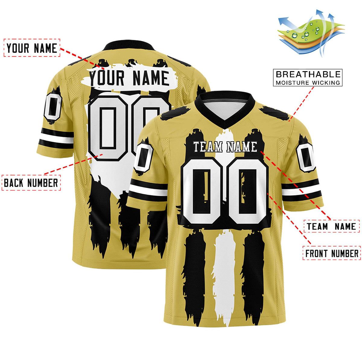 Custom Old Gold Black and White Graffiti Pattern Practice American Football Jerseys