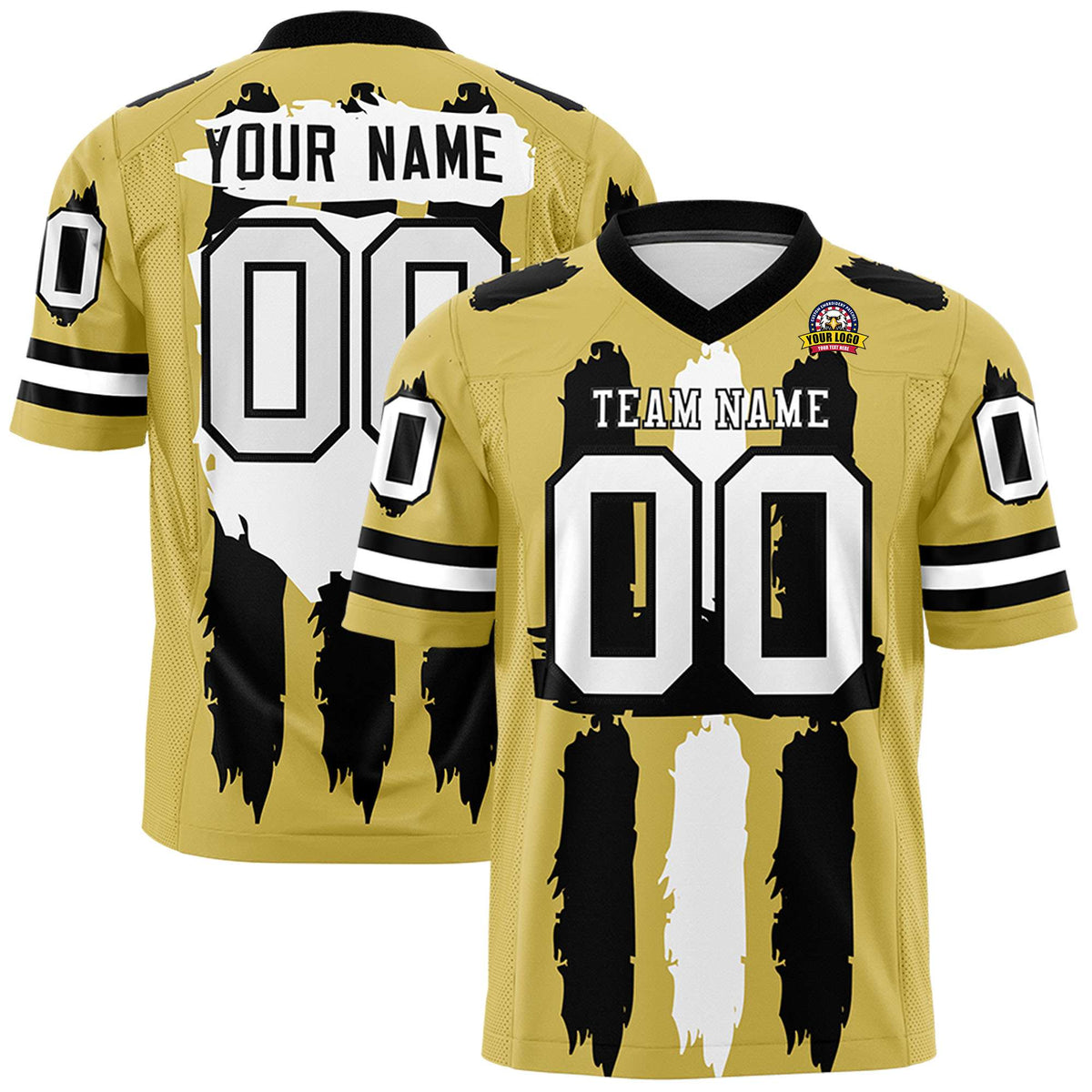 Custom Old Gold Black and White Graffiti Pattern Practice American Football Jerseys