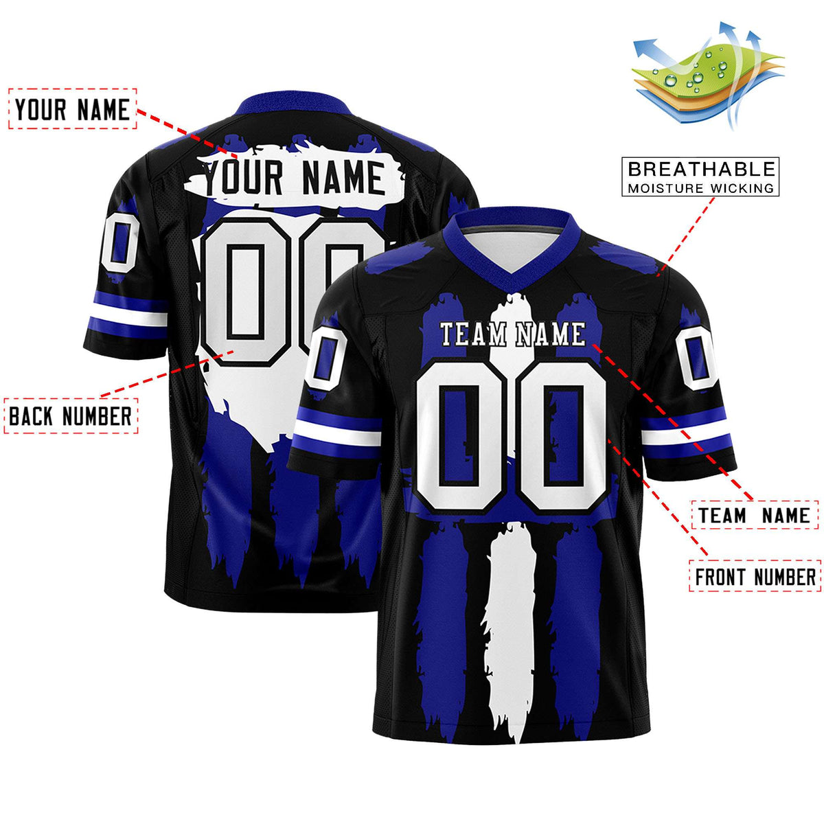 Custom Black Royal and White Graffiti Pattern Practice American Football Jerseys