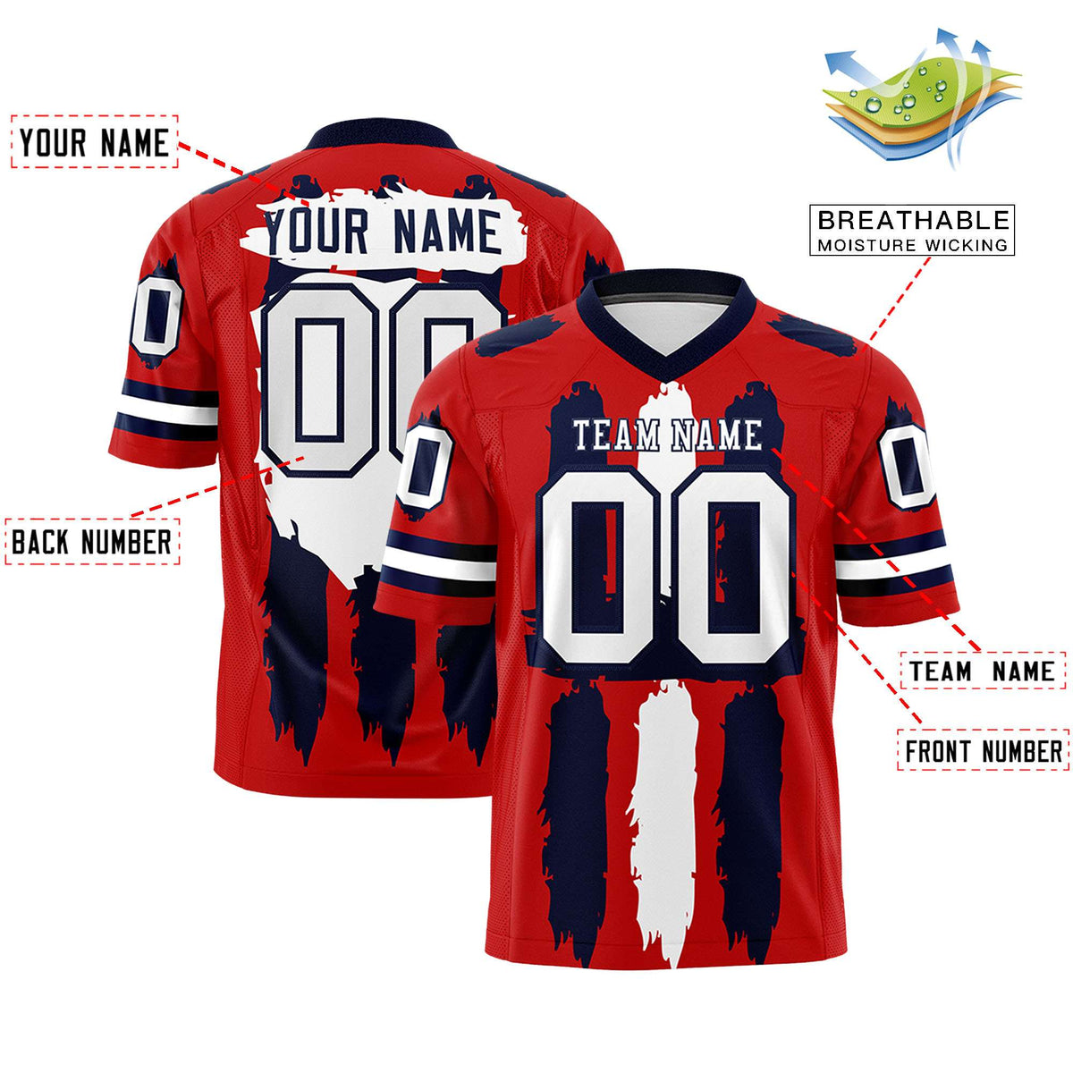 Custom Red Navy and White Graffiti Pattern Practice American Football Jerseys