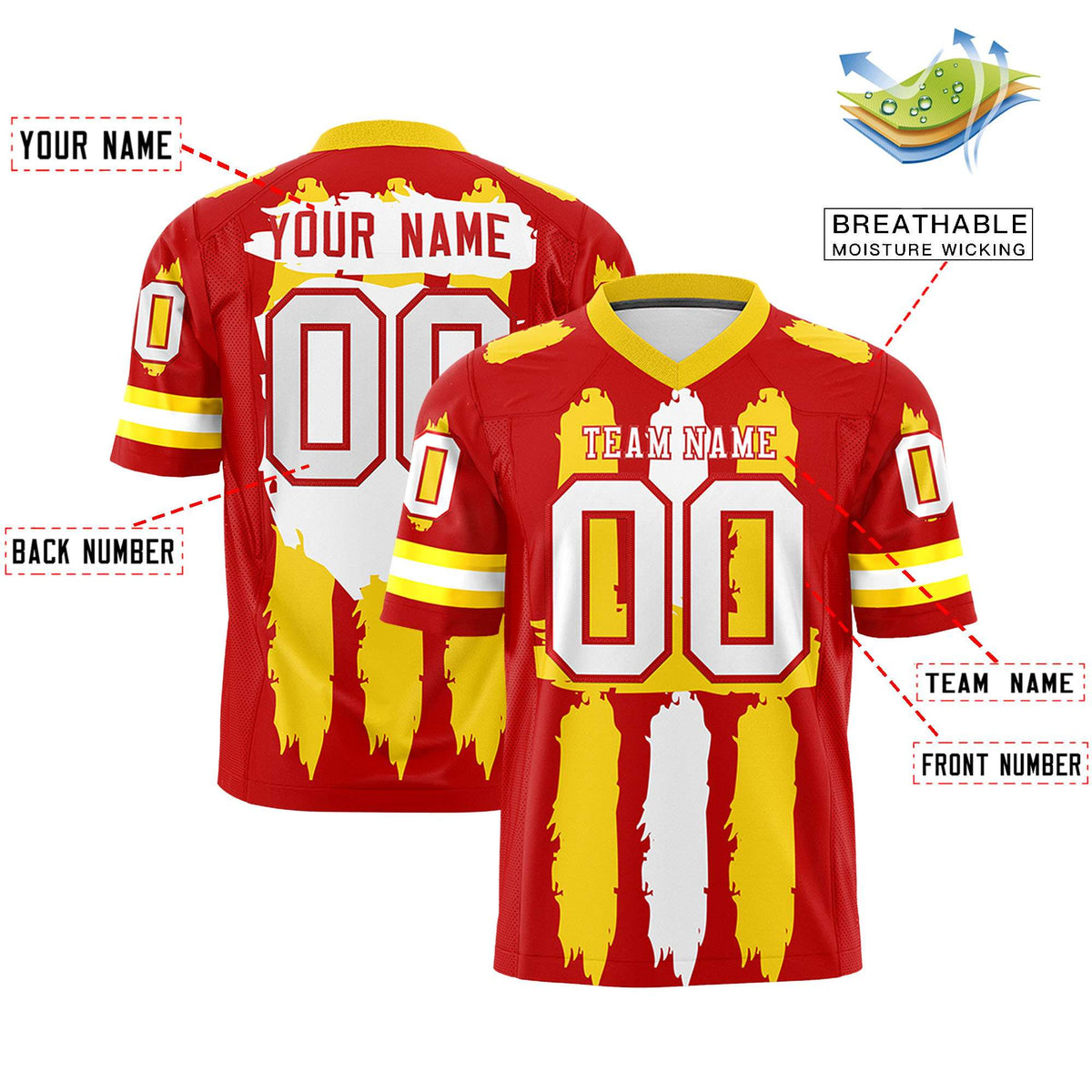 Custom Red Gold and White Graffiti Pattern Practice American Football Jerseys