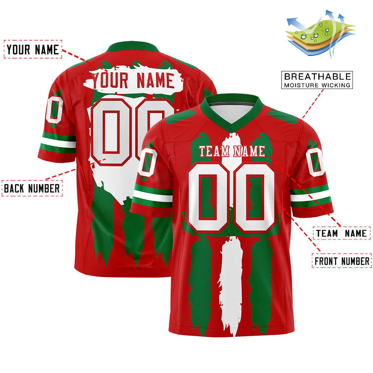 Custom Red Kelly Green and White Graffiti Pattern Practice American Football Jerseys