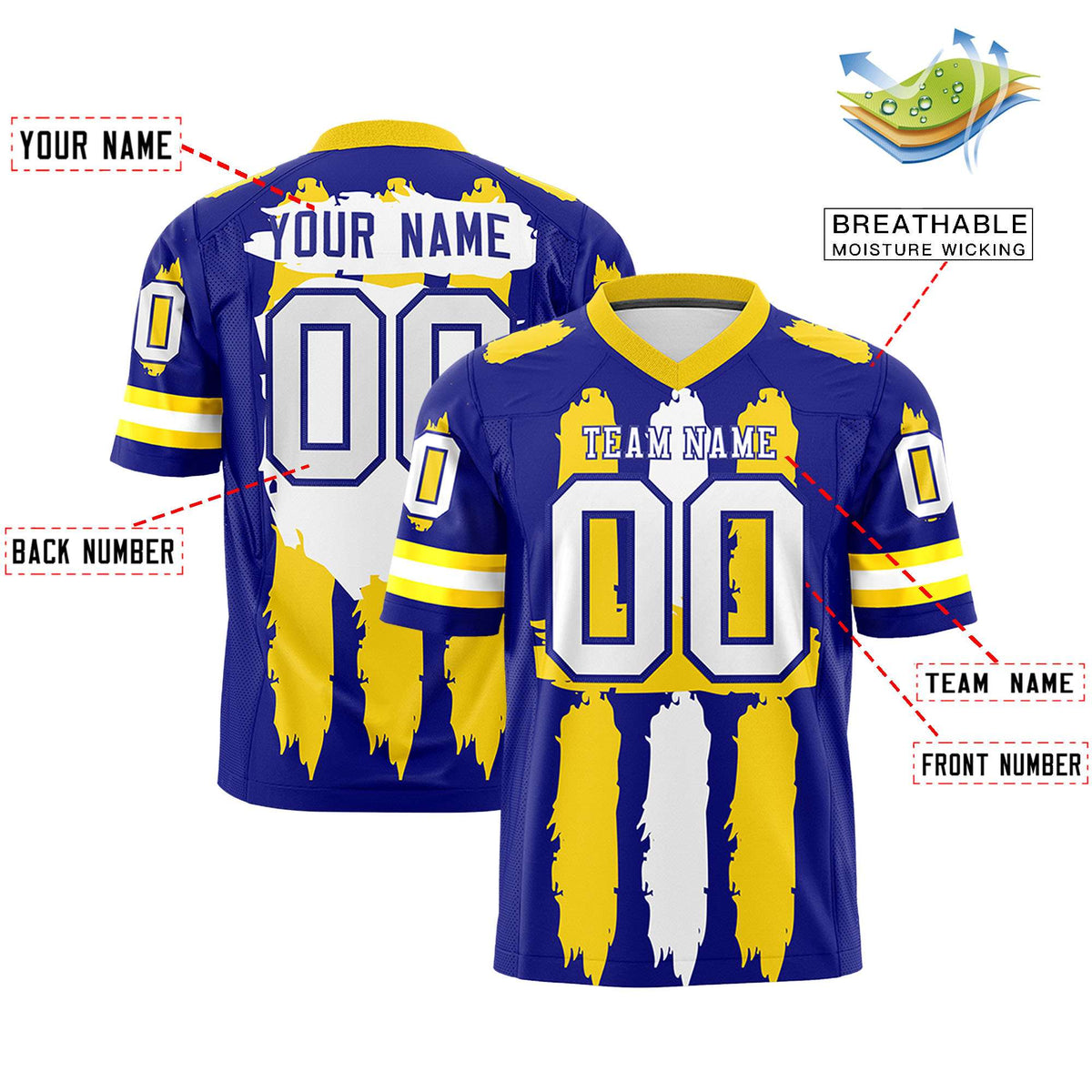 Custom Royal Gold and White Graffiti Pattern Practice American Football Jerseys