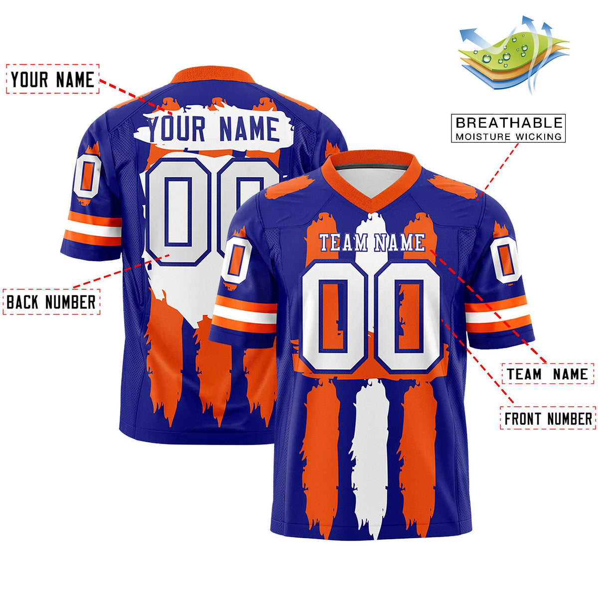 Custom Royal Orange and White Graffiti Pattern Practice American Football Jerseys
