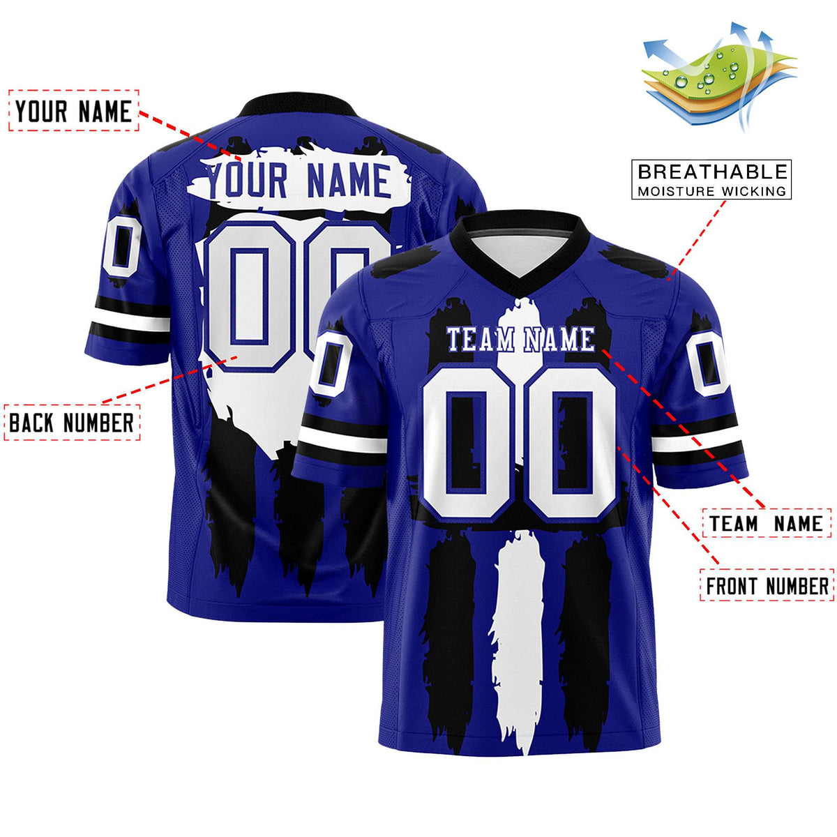 Custom Royal Black and White Graffiti Pattern Practice American Football Jerseys