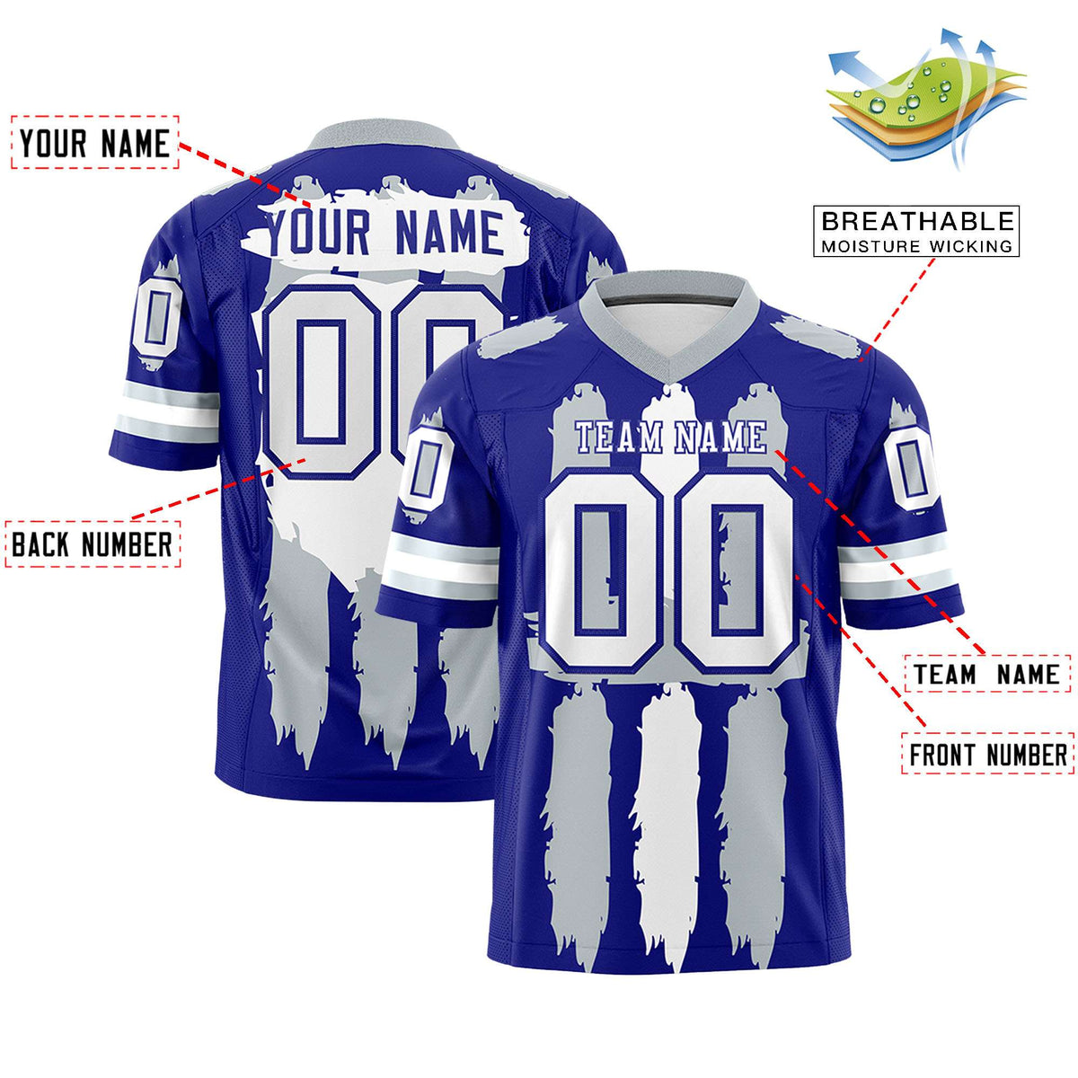 Custom Royal Silver and White Graffiti Pattern Practice American Football Jerseys