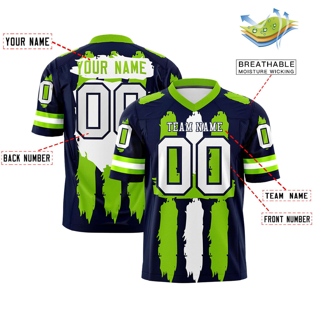 Custom Navy Neon Green and White Graffiti Pattern Practice American Football Jerseys