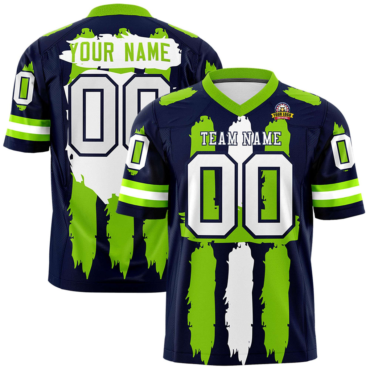 Custom Navy Neon Green and White Graffiti Pattern Practice American Football Jerseys