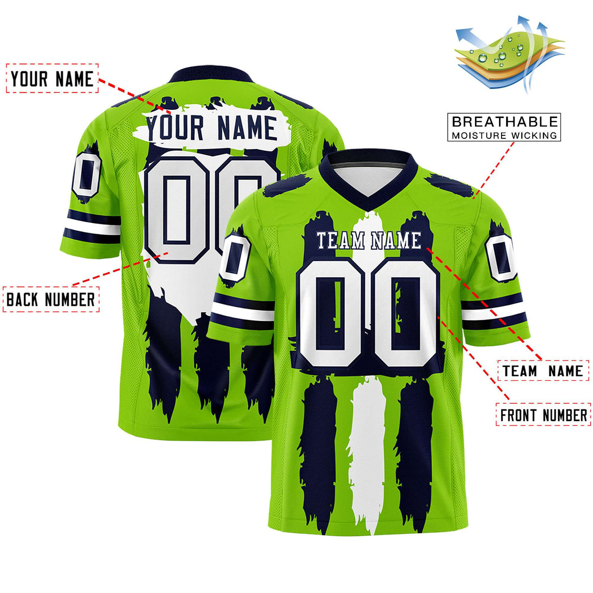 Custom Neon Green Navy and White Graffiti Pattern Practice American Football Jerseys